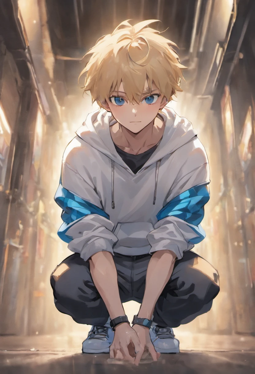 A young man white crouched down in the center of the frame, with the focus on his upper body. He's wearing a white sweatshirt with blue stripes, a white cap, black shorts, and white sneakers. He's smiling gently with his eyes closed