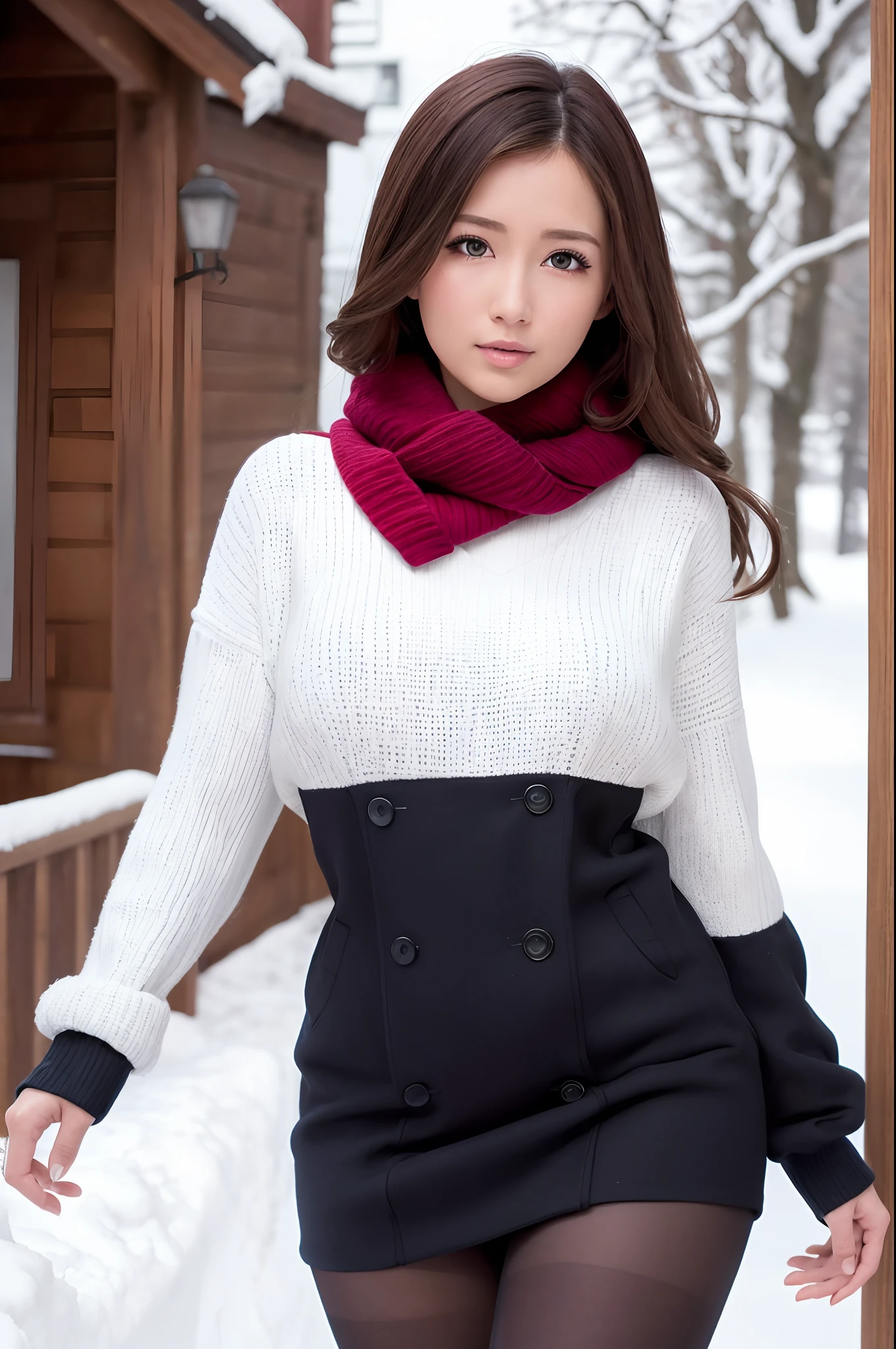 Winters，Snowy landscape，Beautiful  girl，lacepantyhose，Red，Long sweater，scarf，depth of fields，Real Light，Ray traching，OC Renderer，UE5 Renderer，Hyper-realistic，best qualtiy，8K，Works of masters，super-fine，Detailed pubic hair，Correct anatomy、(Best Quality, 4K, masutepiece: 1.3), Beautuful Women、Hyper-realistic, 1girl in,hyperdetailed face,Detailed eyes,二重まぶた, (Beautiful detailed lips),Sexy face,Women of Alafe,25-years old、