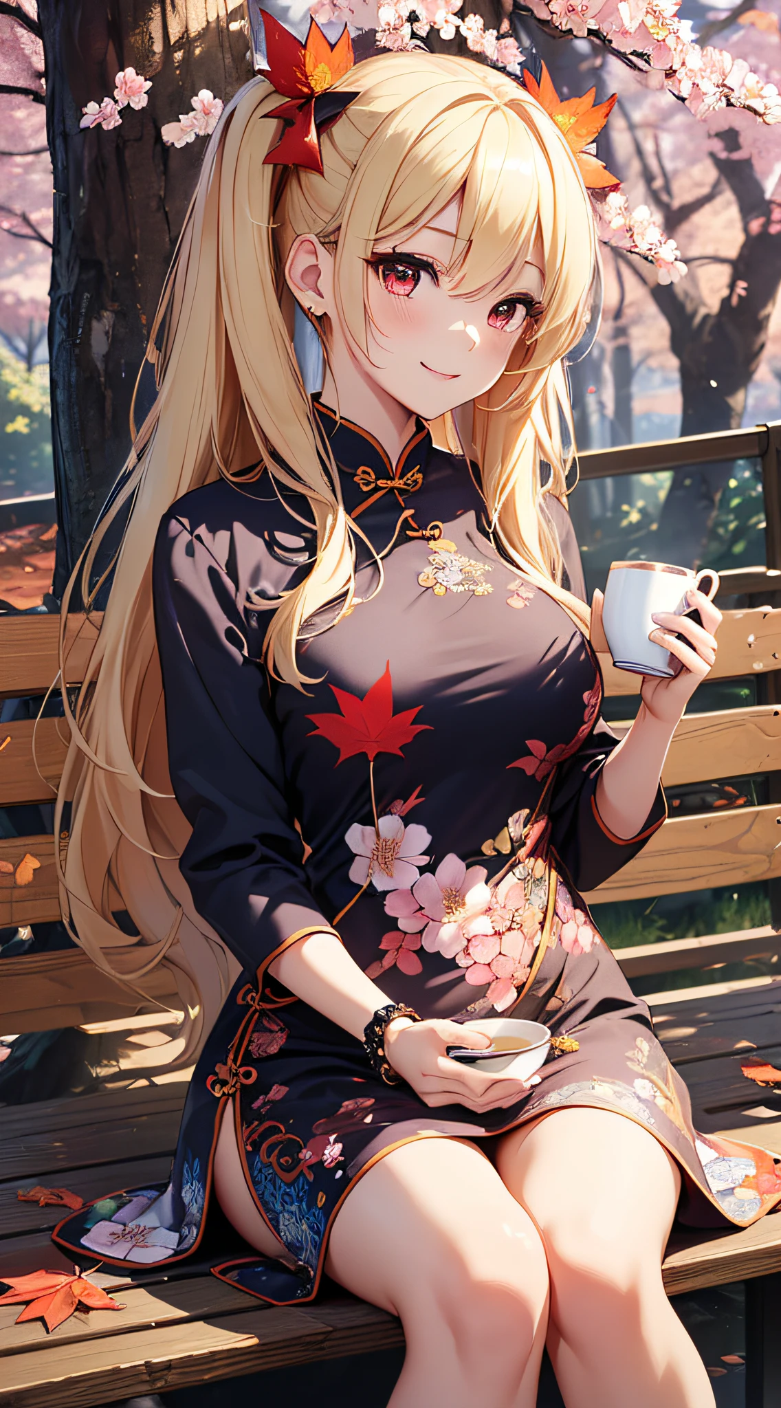 top-quality、Top image quality、masterpiece、girl with((18year old、Blue cheongsam、Best Bust、Bust 90、Blonde twintails、Red Eyes、open chest wide、Valley、Happiness、A slender、ssmile,fighting poses、Cherry Blossom Hair Ornament、sit on a bench、drinking a cup of tea,Inviting gesture))hiquality、Beautiful Art、Background with((Park of autumn leaves))、masutepiece、Elaborate design、visualart、