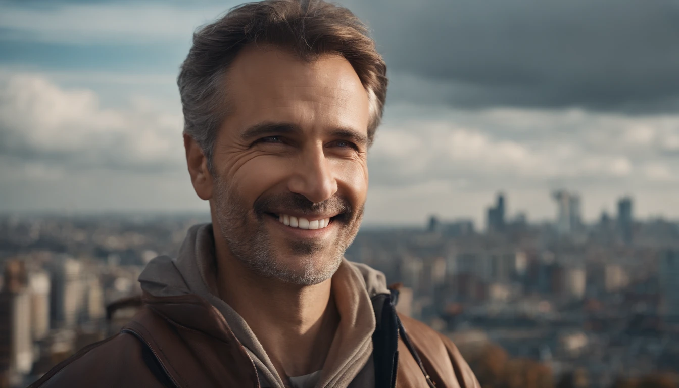 Middle-aged guy, Smile restrained, Teeth are not visible, is looking at the camera, Detailed portrait, An open look, joying, jour, Warm tones, Against the background of the city of the future in the distance, Rare, Beautiful, Lungs, air clouds, Sci-Fi, (8K, extra high resolution, Best Quality:1.2)