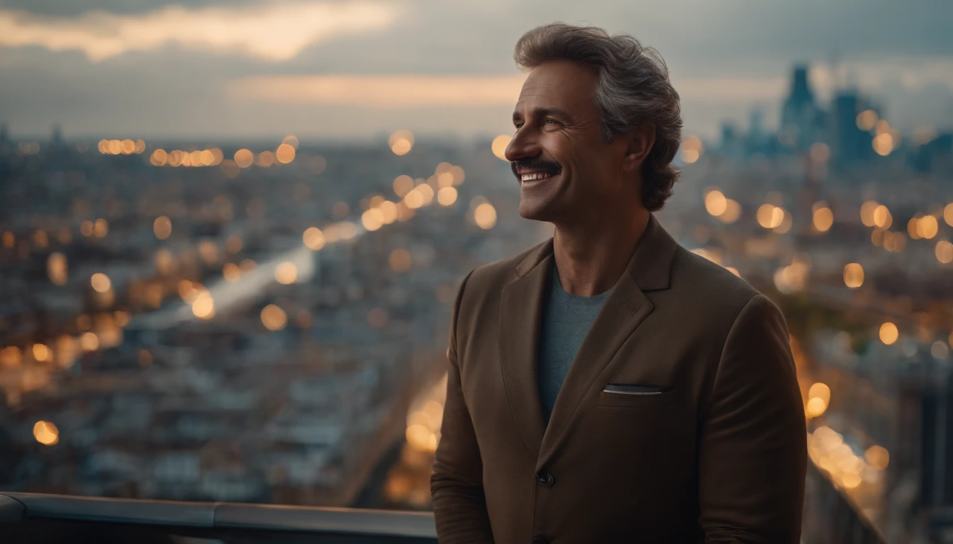 Middle-aged guy, Smile restrained, Teeth are not visible, is looking at the camera, Detailed portrait, An open look, joying, jour, Warm tones, Against the background of the city of the future in the distance, Rare, Beautiful, Lungs, air clouds, Sci-Fi, (8K, extra high resolution, Best Quality:1.2)