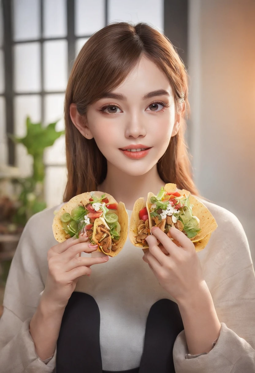 a girl eating french tacos,detailed face features, vivid colors,realistic,fresh ingredients,crispy texture,cheese melting,toppings falling,wooden table,modern setting,soft lighting,delicious aroma