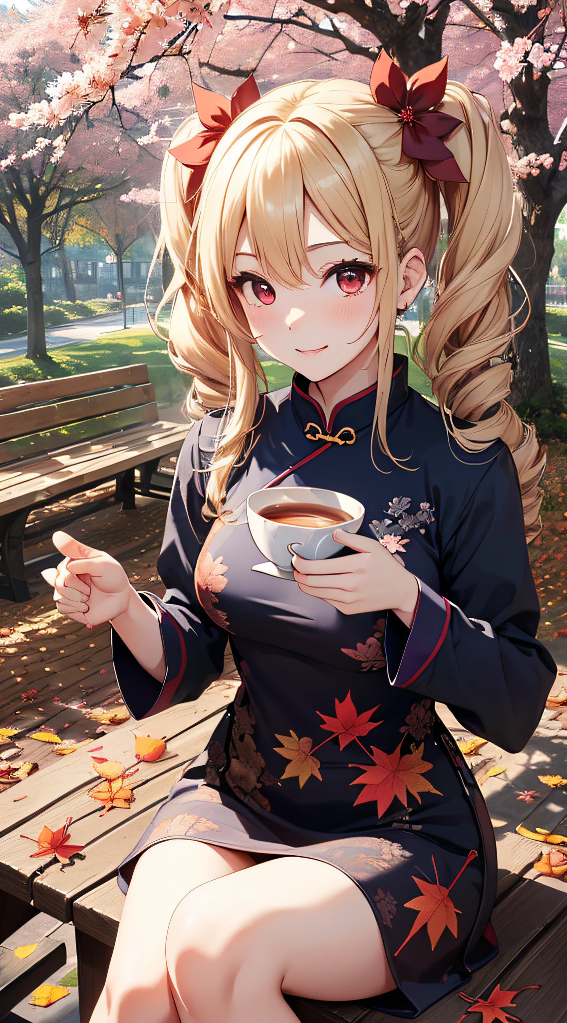 top-quality、Top image quality、masterpiece、girl with((18year old、Blue cheongsam、Best Bust、Bust 90、Blonde twintails、Red Eyes、open chest wide、Valley、Happiness、A slender、ssmile,fighting poses、Cherry Blossom Hair Ornament、sit on a bench、drinking a cup of tea,Inviting gesture))hiquality、Beautiful Art、Background with((Park of autumn leaves))、masutepiece、Elaborate design、visualart、