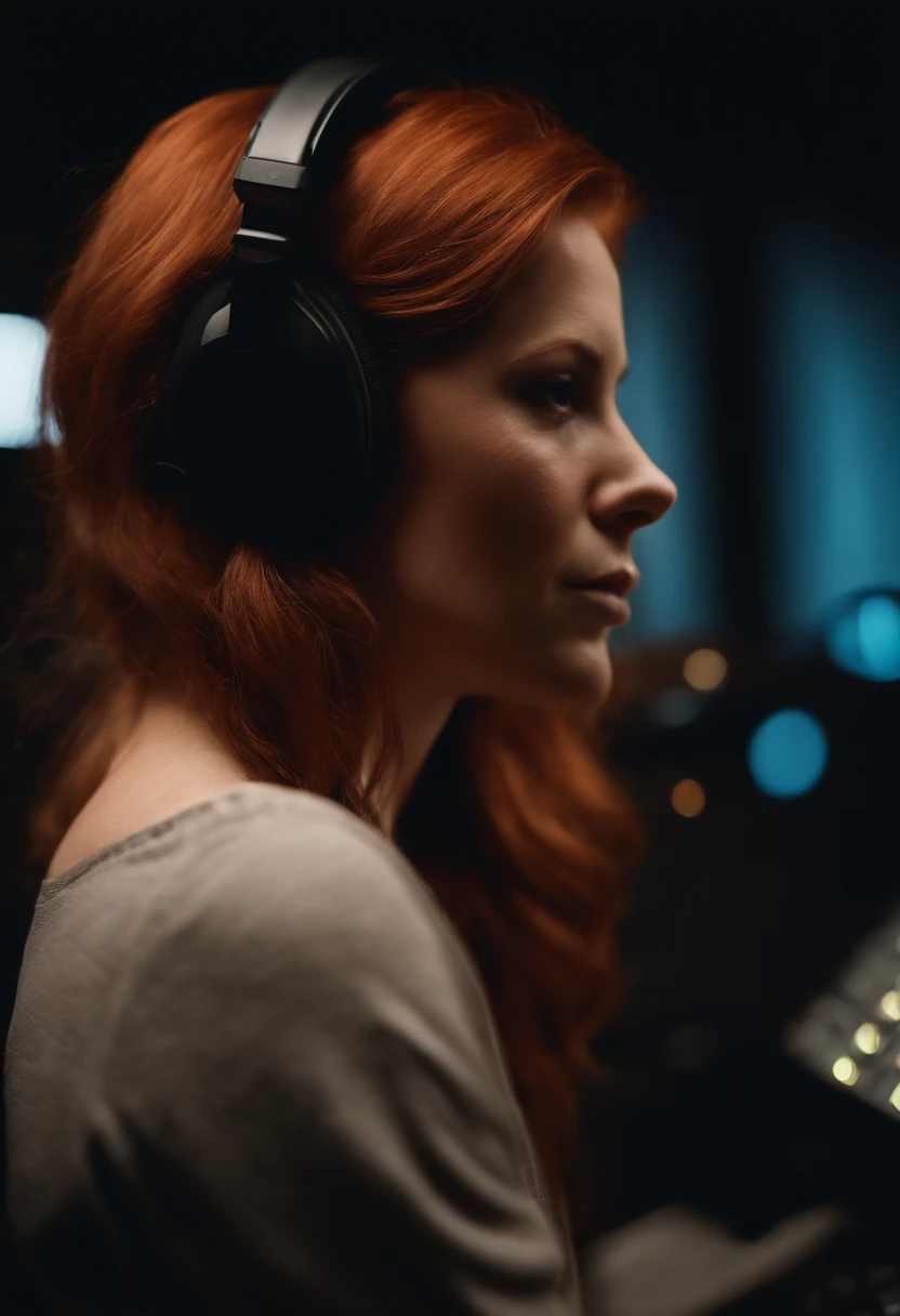 portrait red head in a recording studio