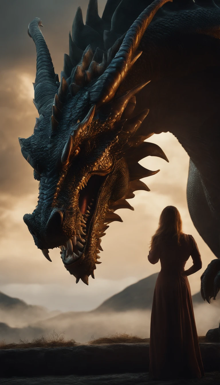 A gigantic dragon looking at a woman