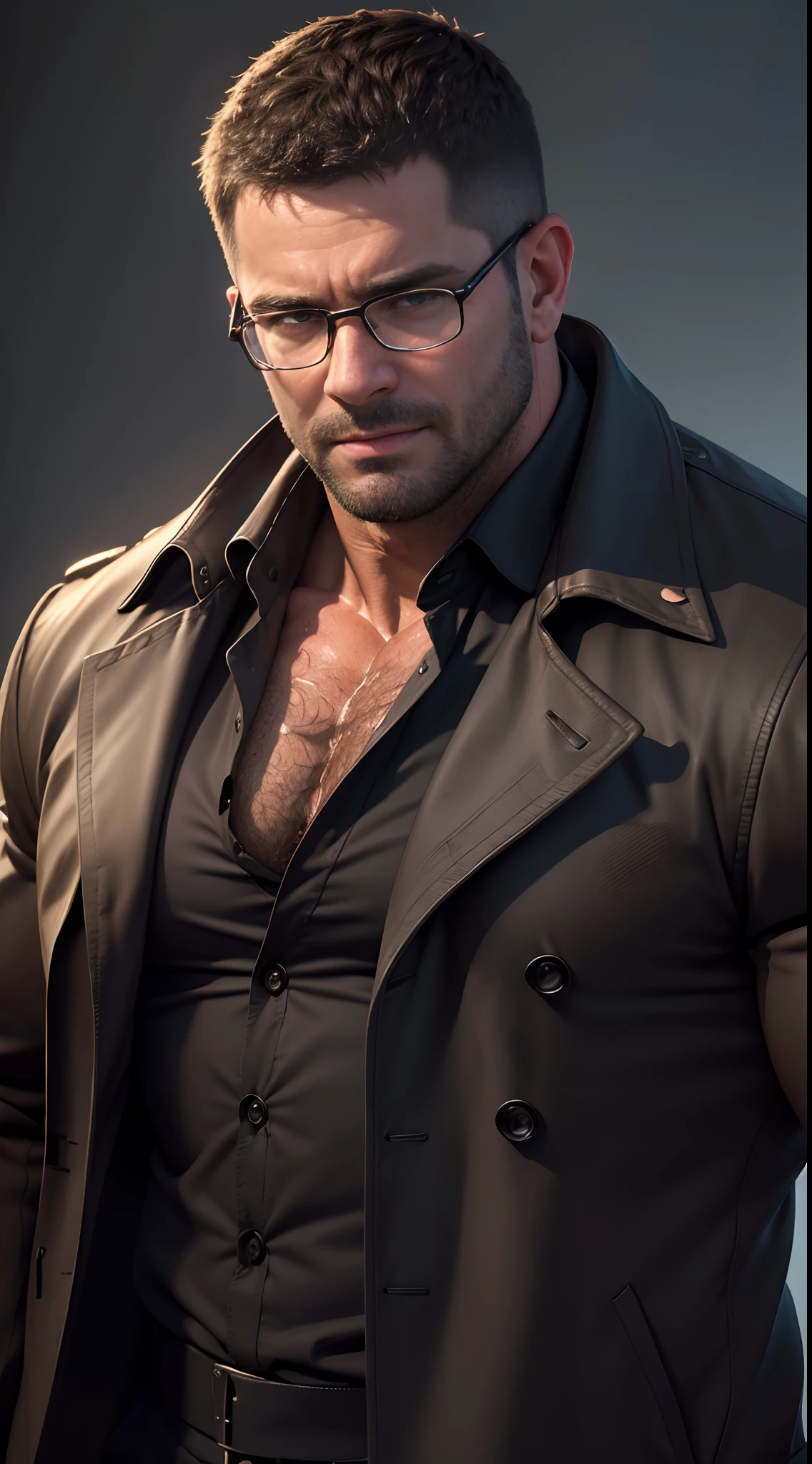 An award-winning original photo,A wild muscular man, (40 years old daddy:1.1), 1boy, Solo, (brown trenchcoat), (black dress shirt), (big shoulders), musculature, stubbles, Short beard, Beautiful eyes:1.3, ), (Detailed face:1.3), wearing glasses, smiles, Dynamic Angle, volumetric lighting, (Best quality, A high resolution, Photorealistic), Cinematic lighting, Masterpiece, RAW photo, Intricate details, hdr, depth of field, upper body shot