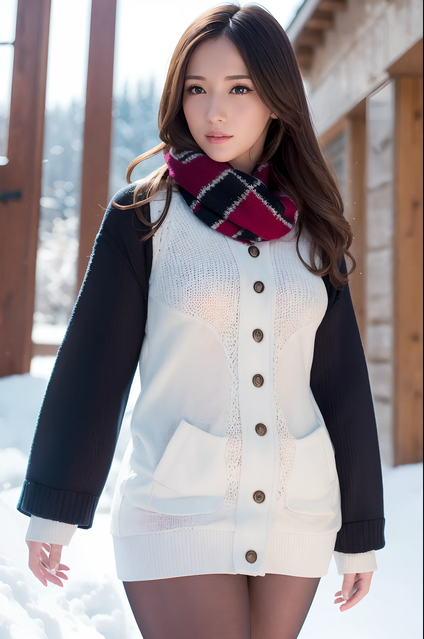 Winters,Snowy landscape,Beautiful teenage girl,lacepantyhose,Red,Long sweater,scarf,depth of fields,Real Light,Ray traching,OC Renderer,UE5 Renderer,Hyper-realistic,best qualtiy,8K,Works of masters,super-fine,Detailed pubic hair,Correct anatomy、(Best Quality, 4K, masutepiece: 1.3), Beautuful Women、Hyper-realistic, 1girl in,hyperdetailed face,Detailed eyes,二重まぶた, (Beautiful detailed lips),Sexy face,Women of Alafe,25-years old、