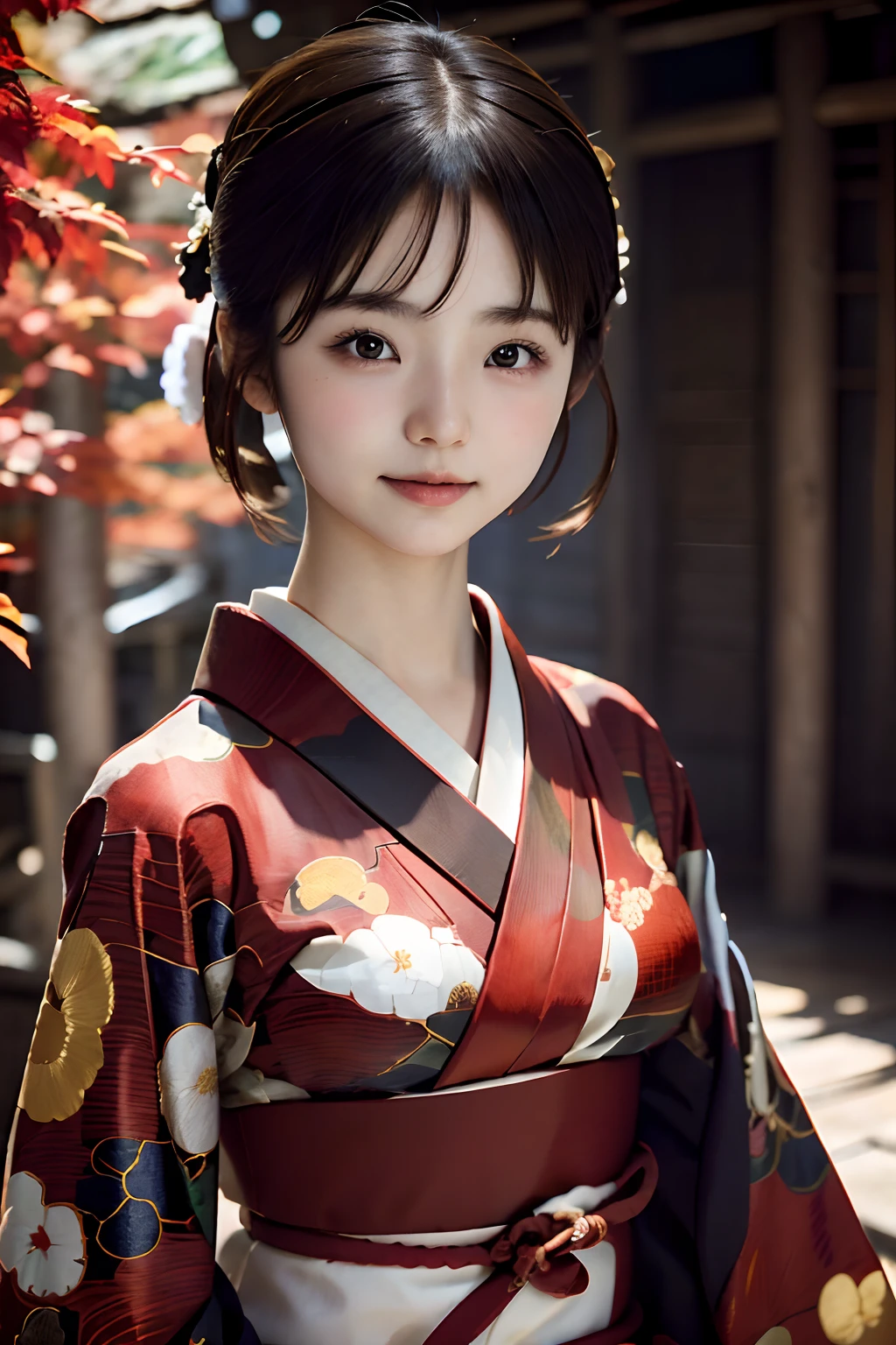 Digital portrait of Japan short-haired woman, Beautiful face,hair messy,Convoluted, Cinematic, unreal enginee 5, a gorgeous, Incredible color grading, Kimono,Japanese dress,Hakama, Photography, cinematic photography, art by、ssmile