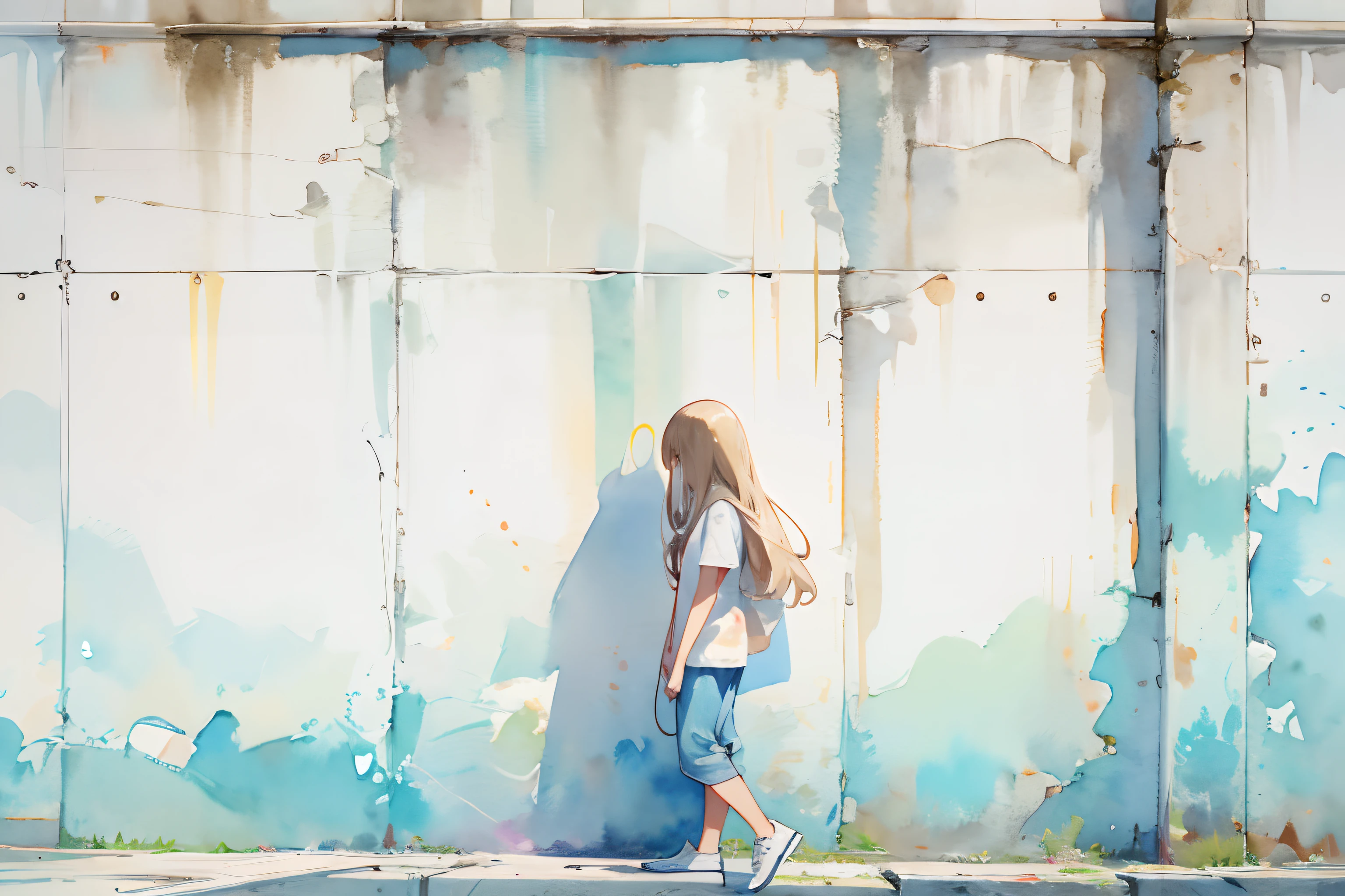 ((masutepiece)), (Professional Photography:1.2), (High Definition:1.3), Best Quality, (watercolor painting:1.3), wide shot, the beautiful concrete walls, (simple white background:1.10), pale blue, 2girl wear T-shirts, age, retreating figure, long blond hair and long black hair