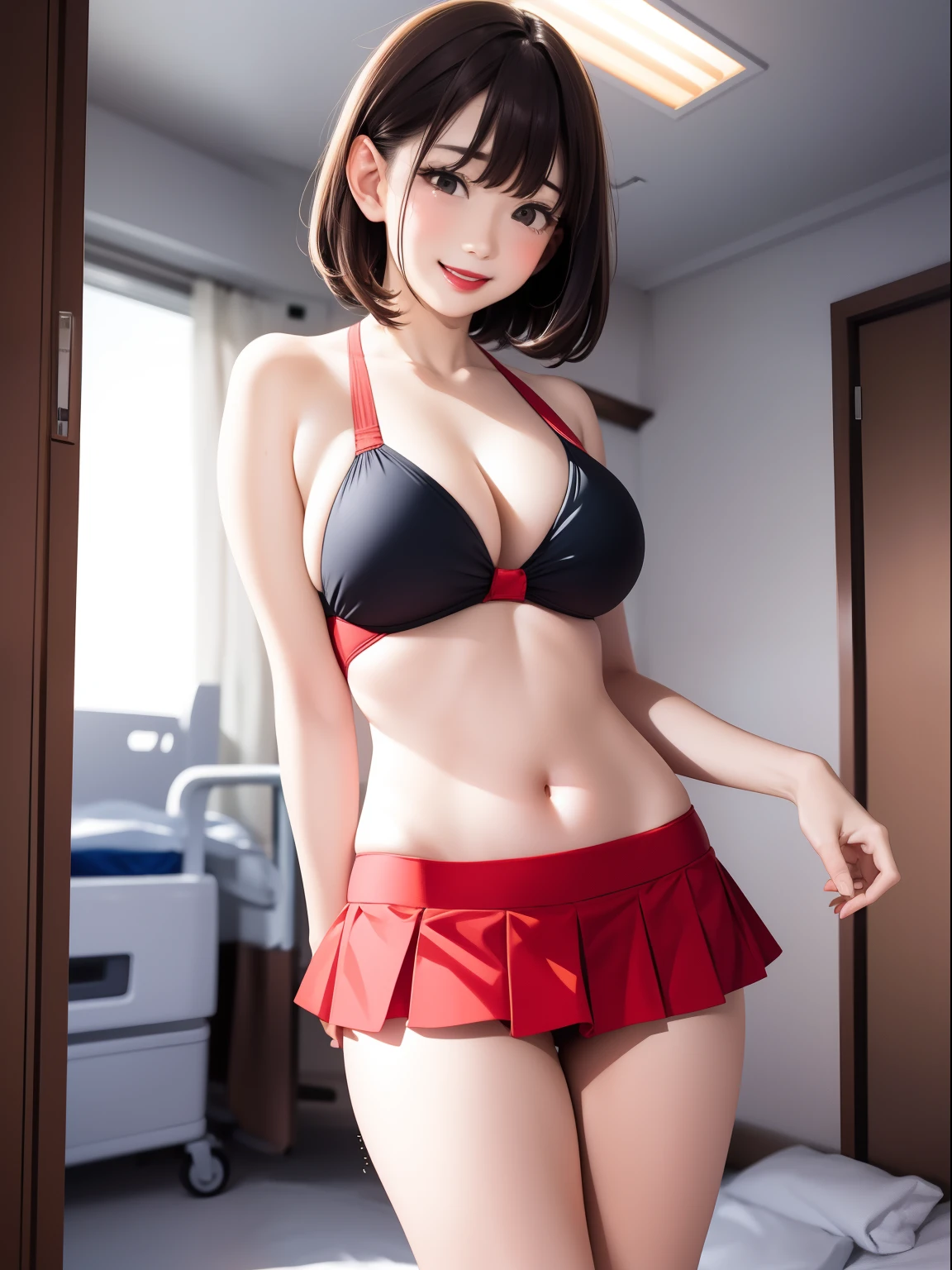 Spread legs、m-legs,Whole body、competition swim suit, onepiece swimsuit, Latex,、Bob Hair、red lipsticks、a miniskirt、Full smile、Lift the hem of the skirt、Hospital bed,irrumatio,