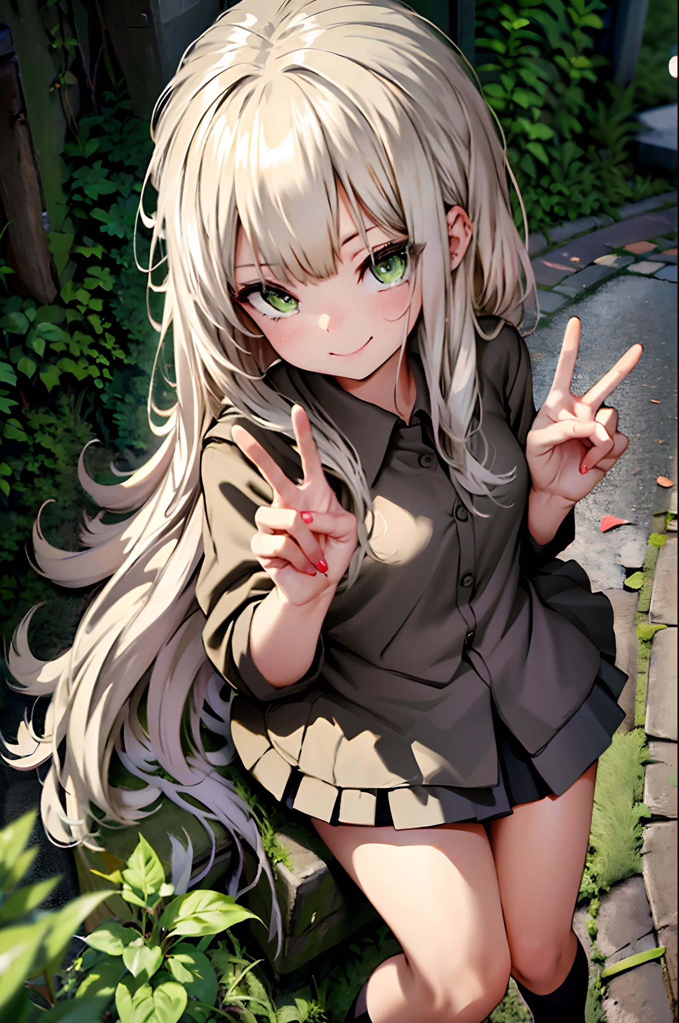 (masterpiece, best quality, highres), 1girl, double v, smile, small breasts, school uniform, absurdly long hair, platinum blonde hair, straight hair, green eyes, sitting, from above,