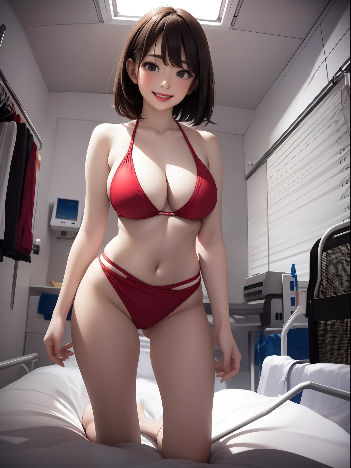 Spread legs、m-legs,Whole body、competition swim suit, onepiece swimsuit, Latex,、Bob Hair、red lipsticks、a miniskirt、Full smile、Lift the hem of the skirt、Hospital bed,irrumatio,
