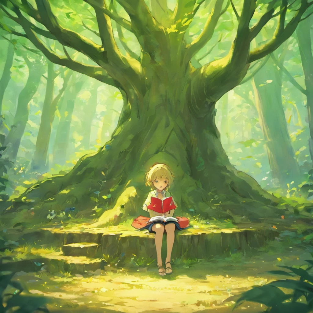 arvore pequena, tronco fino, folhas robustas, Child sits at the foot of the trunk reading a book, as folhas da arvore robustas, frutos da arvore em formato de moeda dourada.