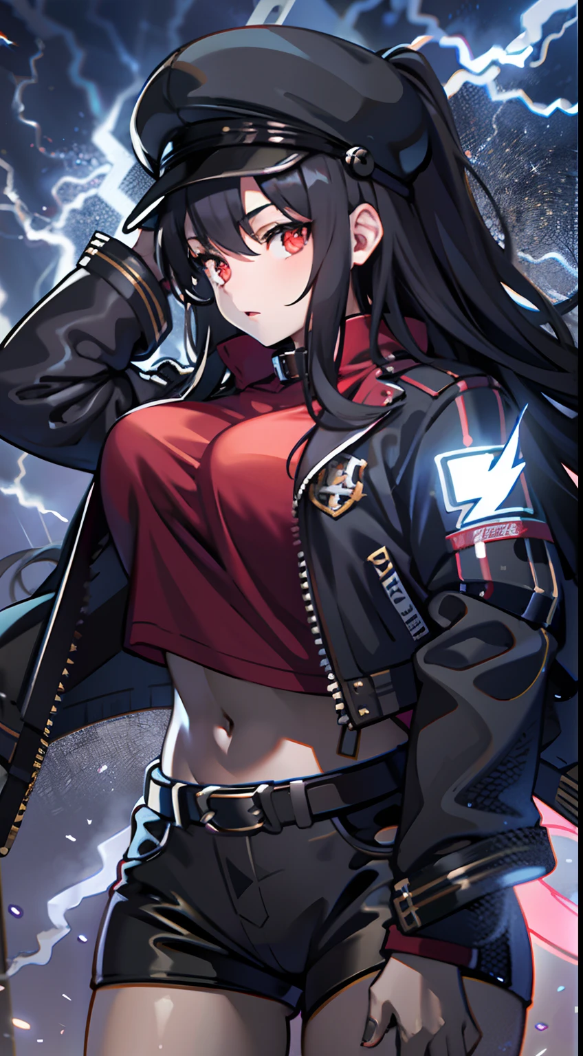 Upper body, 2females, Black hair, length hair, Red Eyes, (Streetwear Style), Black jacket, big breats, Wallpaper, Lightning background, light Particle, (masutepiece), Best Quality, of the highest quality, pale white skin, Solo, Black Cap, Midriff, lightning style