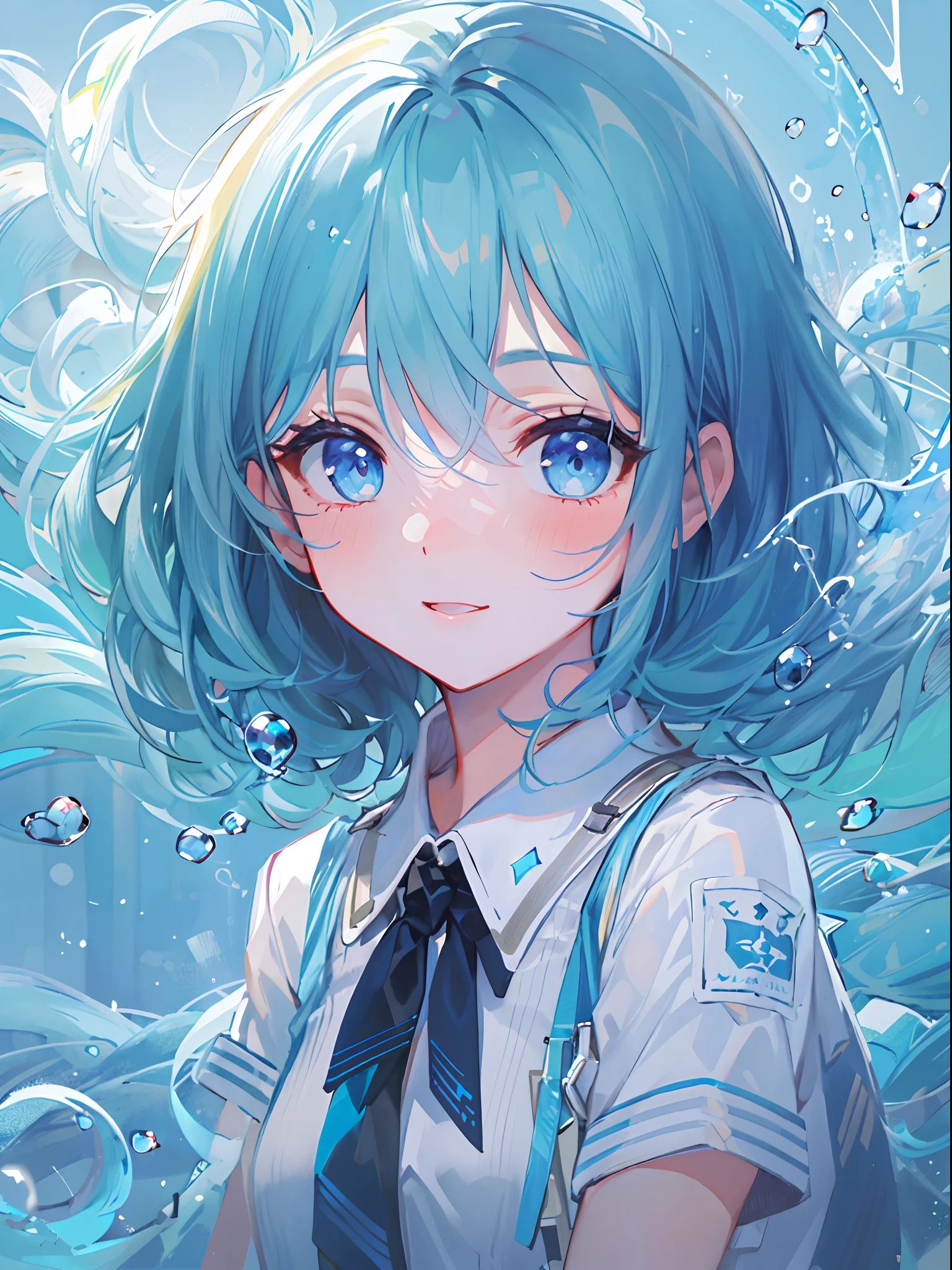 ((top-quality)), ((​masterpiece)), ((ultra-detailliert)), (extremely delicate and beautiful), girl with, 独奏, cold attitude,((Black jacket)),She is very(relax)with  the(Settled down)Looks,A dark-haired, depth of fields,evil smile,Bubble, under the water, Air bubble,bright light blue eyes,Inner color with light blue hair and light blue tips,Cold background,Bob Hair - Linear Art, shortpants、knee high socks、White uniform like school uniform、Light blue ribbon ties、Clothes are sheer、Hands in pockets、Bright eyes like sapphires,flourescent blue, There was a little blue light floating around、Upper eyes、