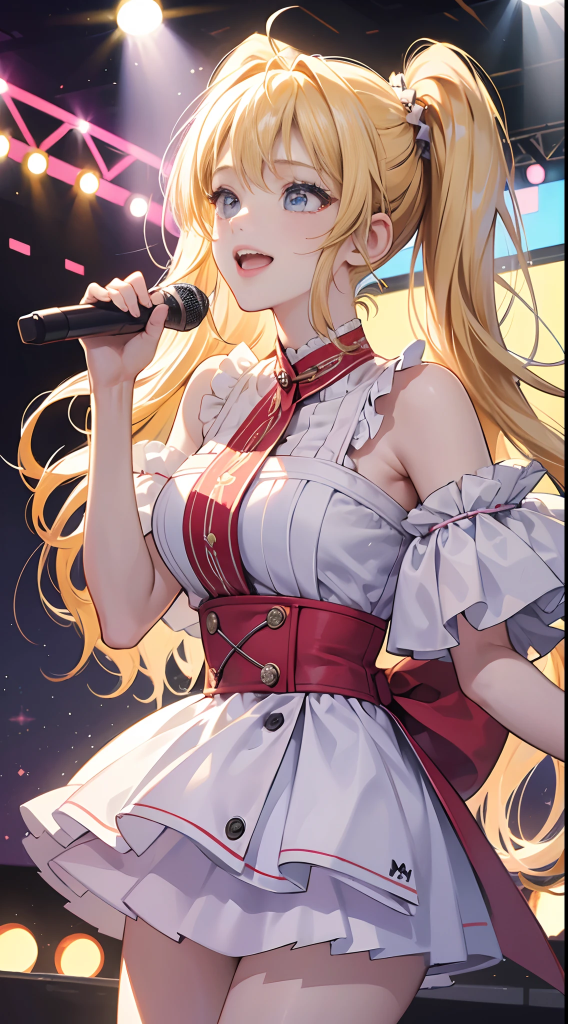 (Best Quality,4K,High resolution), 18yo woman, Blonde mesh hair,Twin-tailed hair, , Comical appearance,stage,Idol,Let's sing together today,Even if you dream, Dreaming, Laughing, If you have a dream,Lasts forever