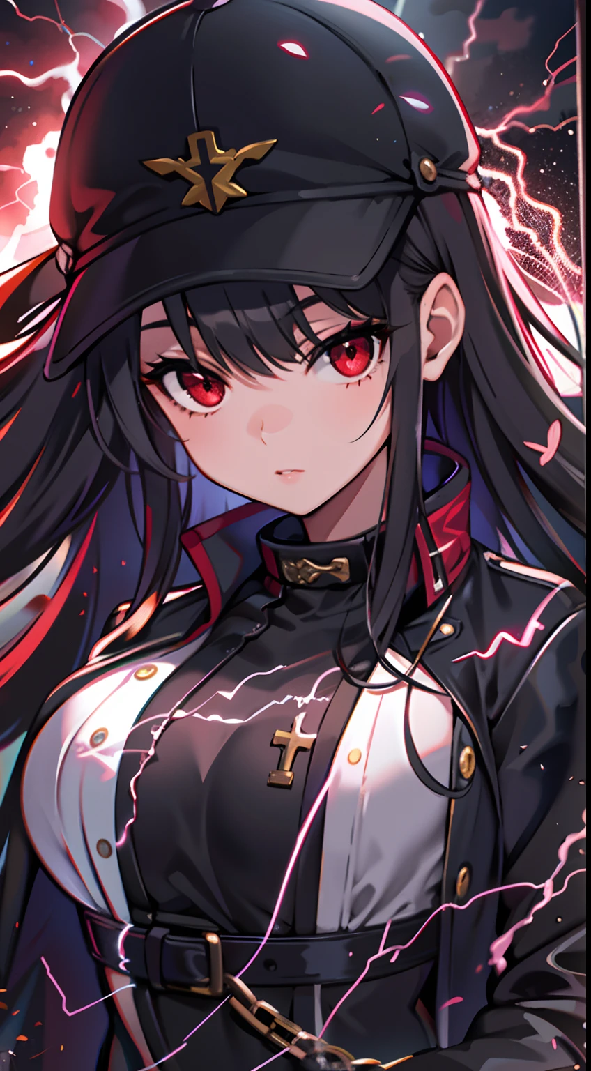 upper body, 1woman, black hair, Long Haired, red eyes, ((Saint)), black jacket, big breats, wallpaper, Lightning background, light particles, ((masterpiece)), ((best quality)), ((Top Quality)), pale white skin, solo, black cap, midriff, Lightning Style, handgun