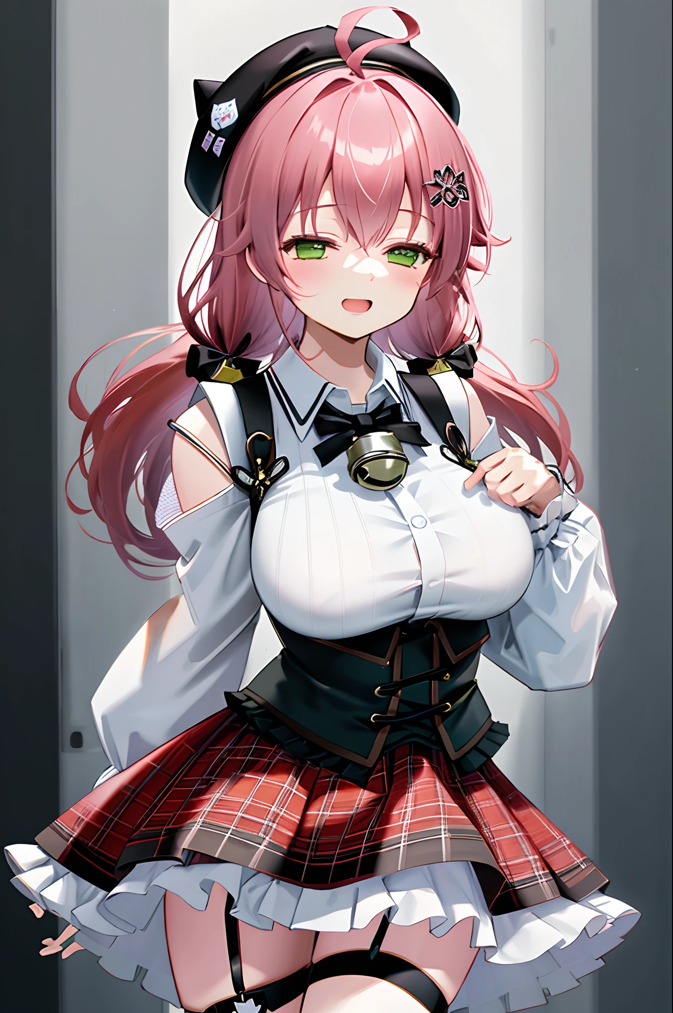 masutepiece, Best_Quality, hight_resolution, miko2,Ponytail, 1girl, Green eyes, Ahoge, black headwear, Hair Ornament, White shirt, black thighhighs, Pink hair, Red_skirt, very_short_skirt, plaid skirts, garter_strap, Collared shirt, hair clips, frilld, Bangs, hair between eye, frills skirt, beret, Pleated skirt, Hair Flower, Neck bell, , puffy long sleeves, Black bow, Underbust, Cowboy Shot,Smile, (gigantic_breasts:1.3),covered_nipples, covered_pussy,(closed_eyes:1.3), happy, childlike_posing,spread_legs,sleepy,(smile:1.2),plump,open_mouth,