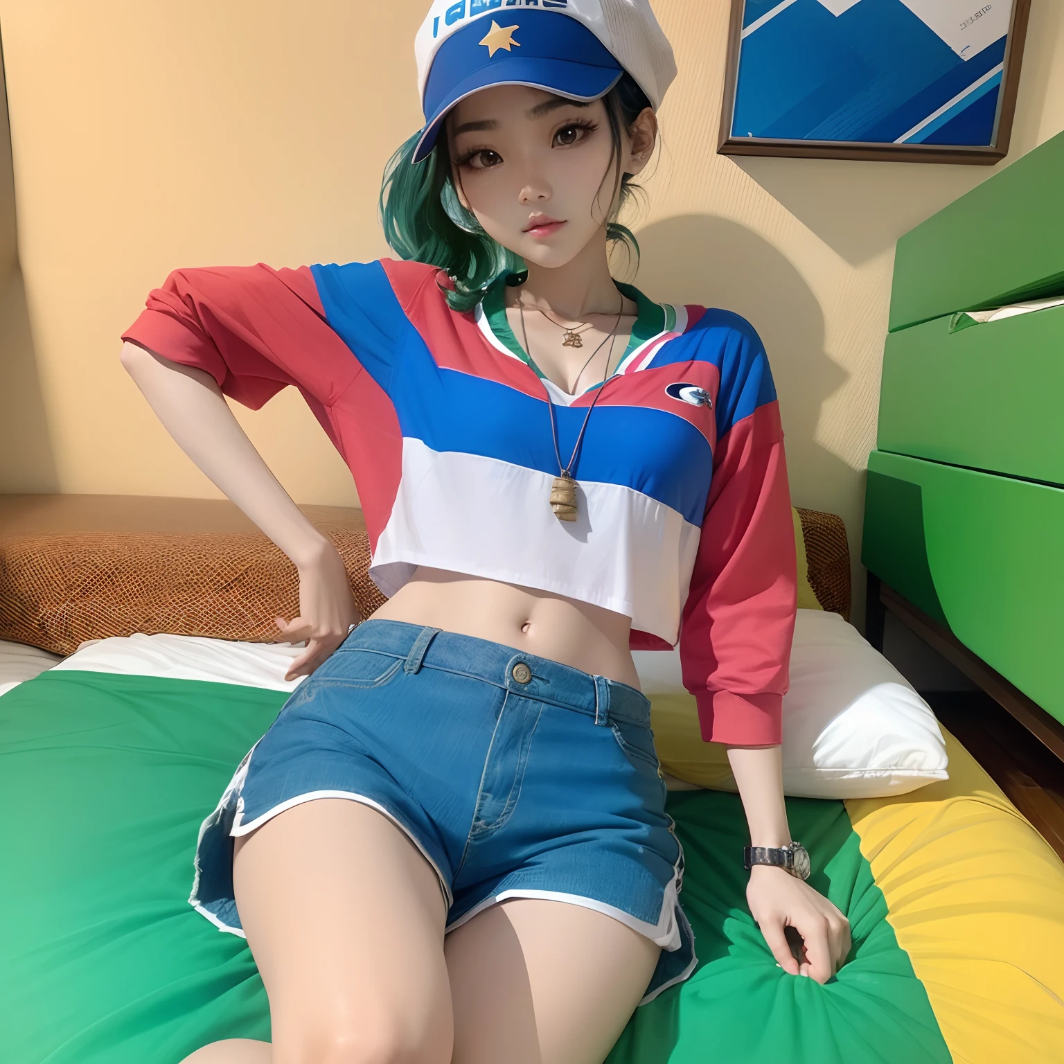 a Korean girl with brown eyes with short blue-green hair with a star necklace around her neck and wearing a Flamengo shirt and blue shorts with a Lacoste cap on her head