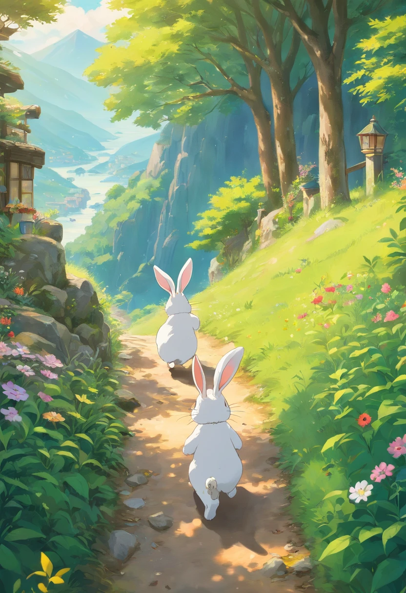 highly details, hyper-detailing,8k， Ultra-high resolution picture of a bunny and a mother bunny in the forest，Enjoy her time in the open fields，Surrounded by the beauty of nature,warm sun sprinkling on her，wildflowers gently swaying in the breeze。Butterflies and birds flutter around her，adding to the playful atmosphere,