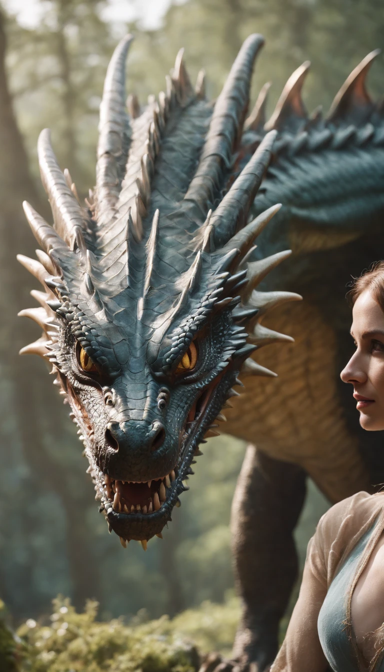 A gigantic dragon looking at a woman