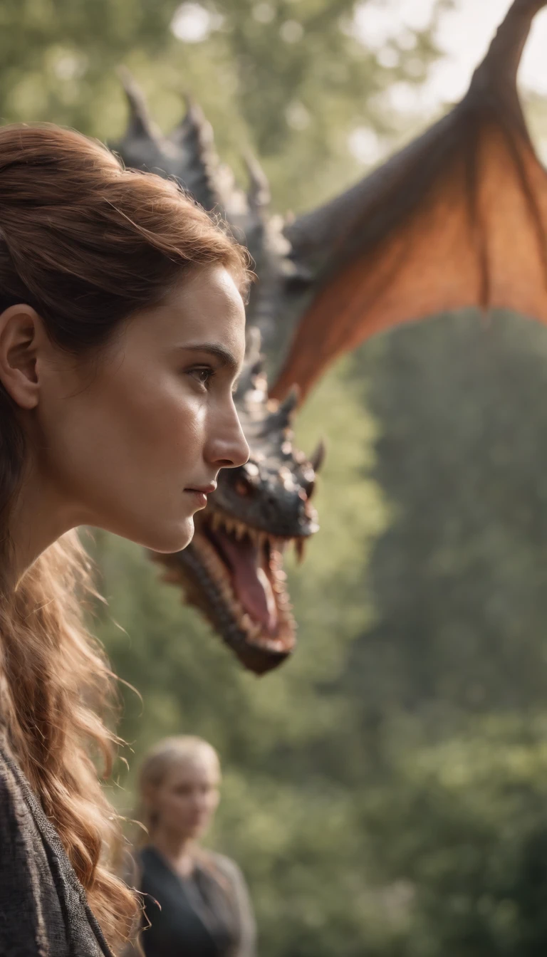 A gigantic dragon looking at a woman