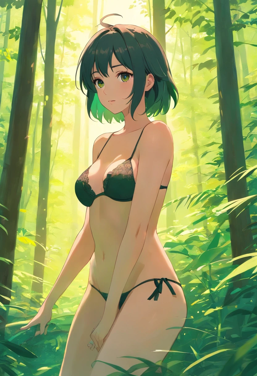 seductive albanian woman, leicht bekleidet, Oil Art Style, schwarzhaarig, kurze Haare, Lingerie, Umgebung im Wald, Hands hidden, nackte Beine, Waldtiere im Hintergrund, Blick in die Kamera