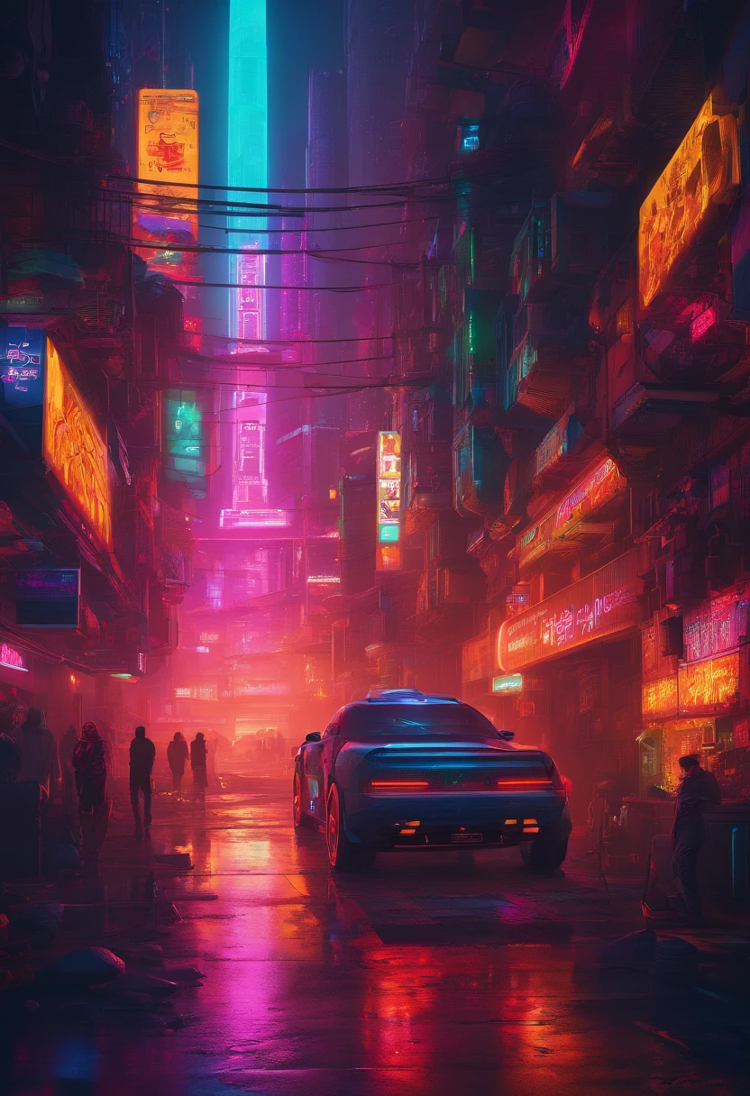 A car driving through a city at night with neon lights - SeaArt AI