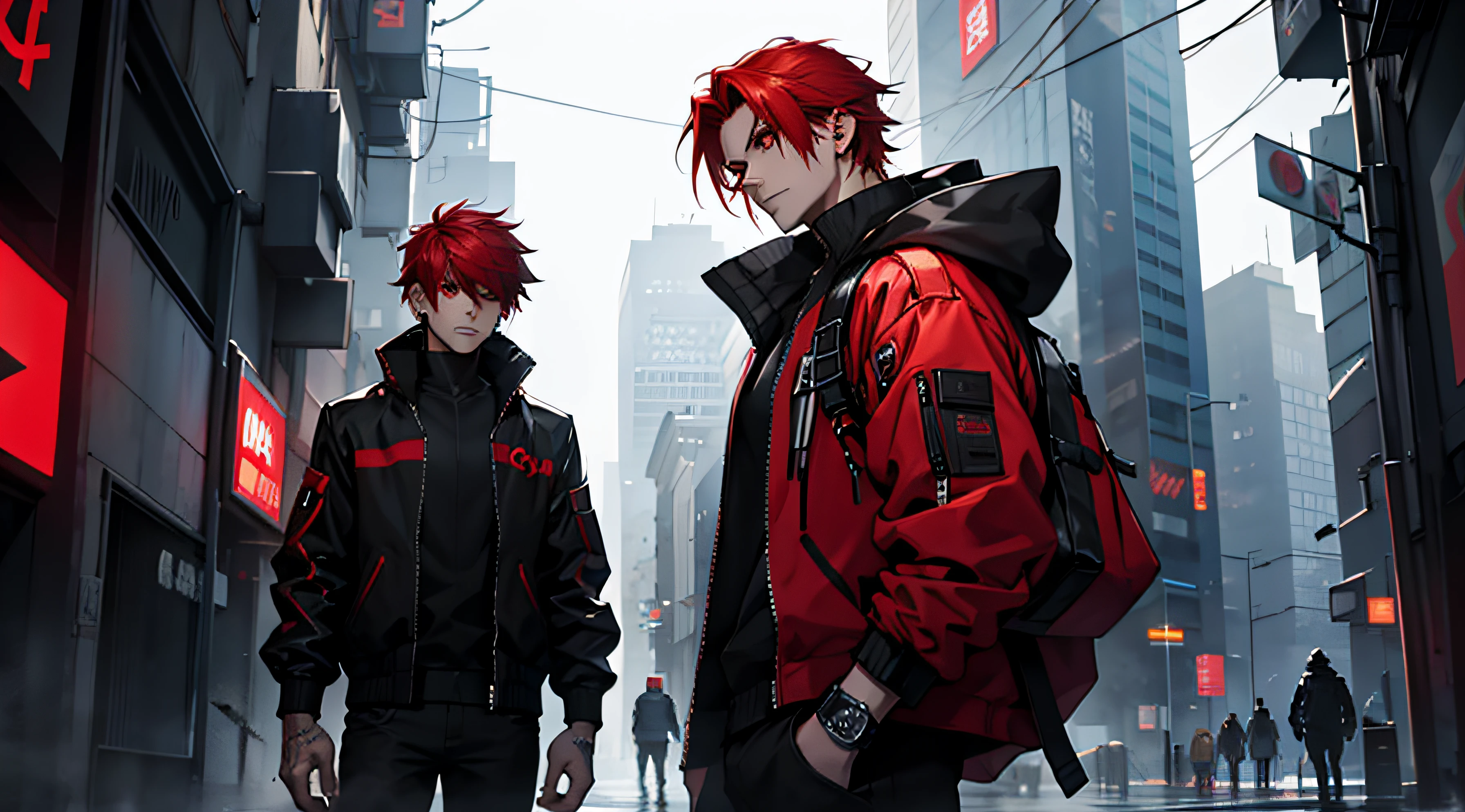 1 male character red haired and red eyes, wearing a black jacket in a cyber city