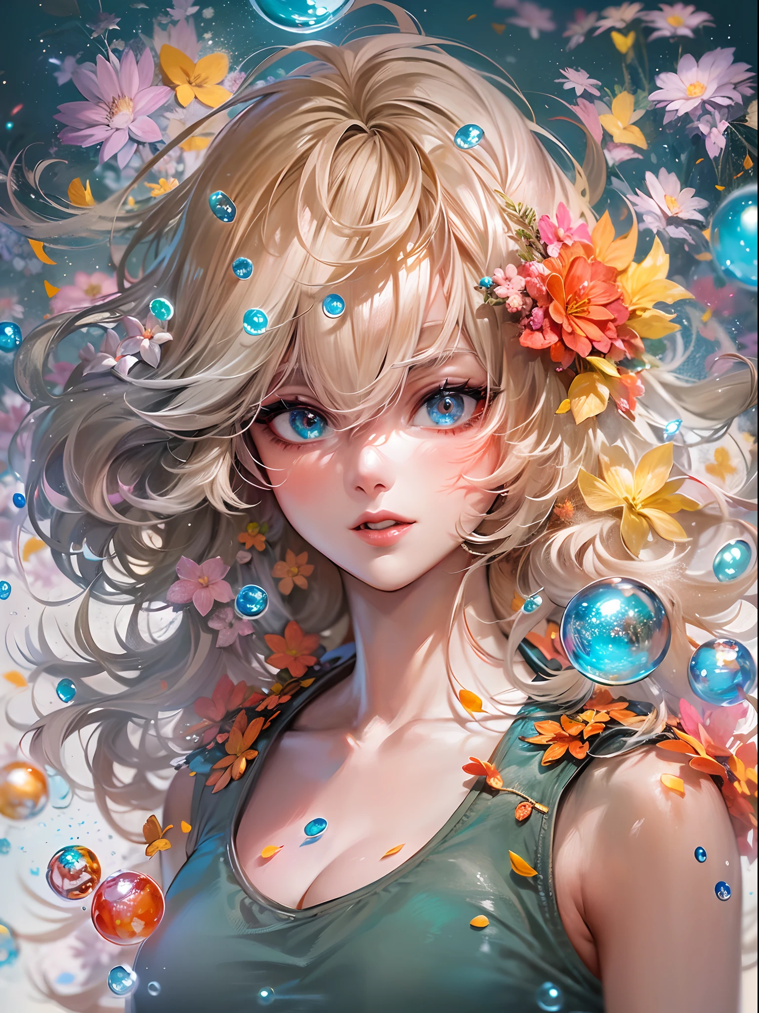 (masutepiece), (Best Quality), (ultra-detailliert),(disheveled hair),(Illustration), (1 lady), Standing, Fashion Model, Looking at Viewer, (interview), (Detailed background),Beautiful detailed eyes, Delicate beautiful face, floating,(High color saturation),(Colorful splashes),colorful bubble,(Shining), Focus on Face, Floating flowers, Floating hairs, (Shining), The best lighting, Best Shadow, 1 Evil Only,huge chest,