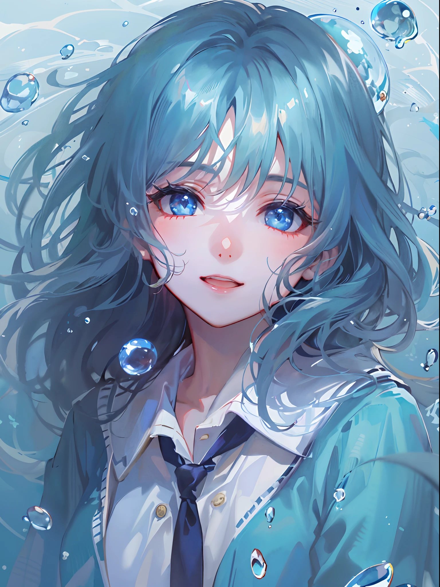 ((top-quality)), ((​masterpiece)), ((ultra-detailliert)), (extremely delicate and beautiful), girl with, 独奏, cold attitude,((Black jacket)),She is very(relax)with the(Settled down)Looks,A dark-haired, depth of fields,evil smile,Bubble, under the water, Air bubble,bright light blue eyes,Inner color with light white hair and and light blue tips,Cold background,Bob Hair - Linear Art, shortpants、knee high socks、White uniform like school uniform、Light blue ribbon ties、Clothes are sheer、Hands in pockets、Bright eyes like sapphires,flourescent blue, There was a little blue light floating around、Upper eyes、