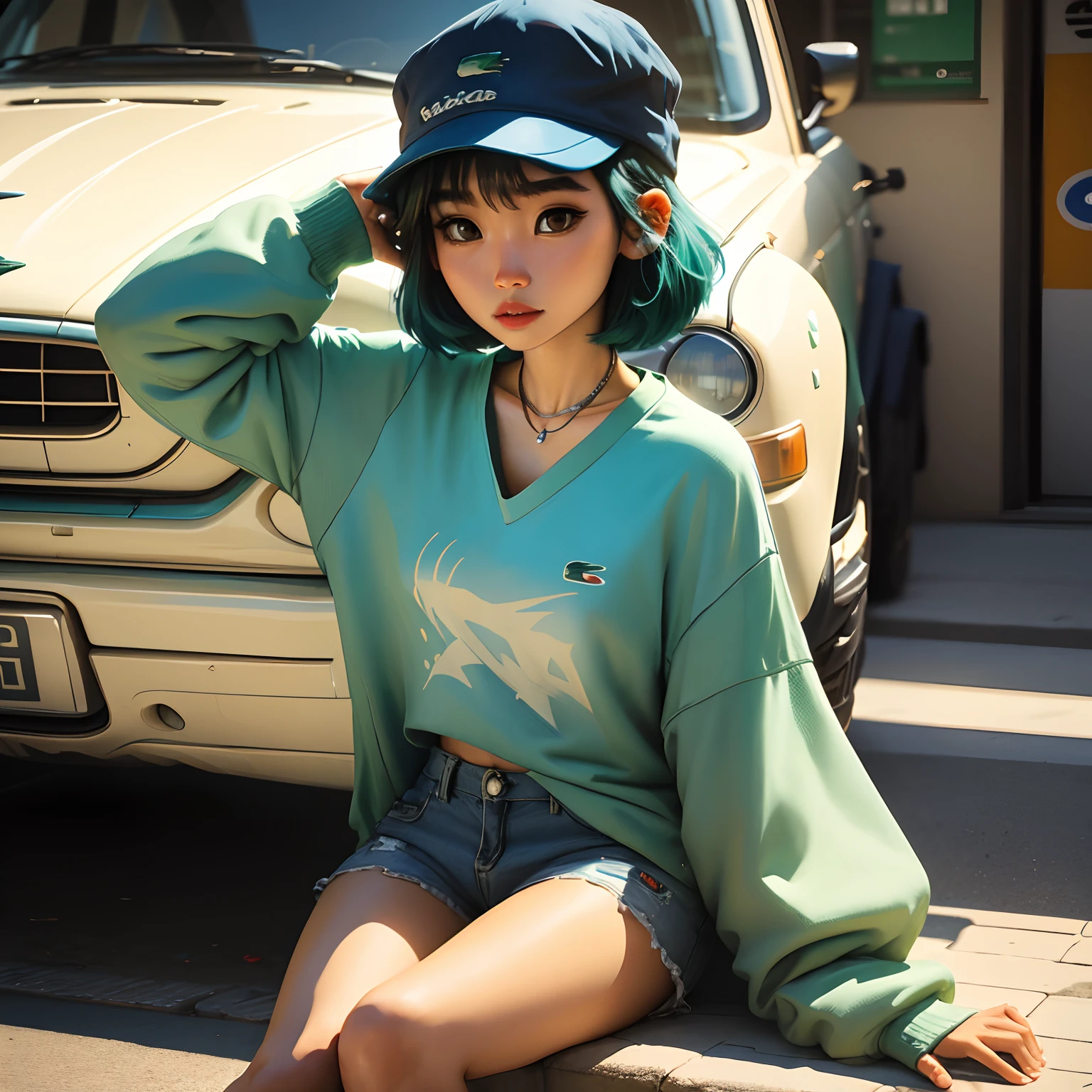 a brown-eyed Korean girl with short blue-green hair with a necklace of stars around her neck and wearing a Flamengo shirt and blue shorts with a Lacoste cap on her head.