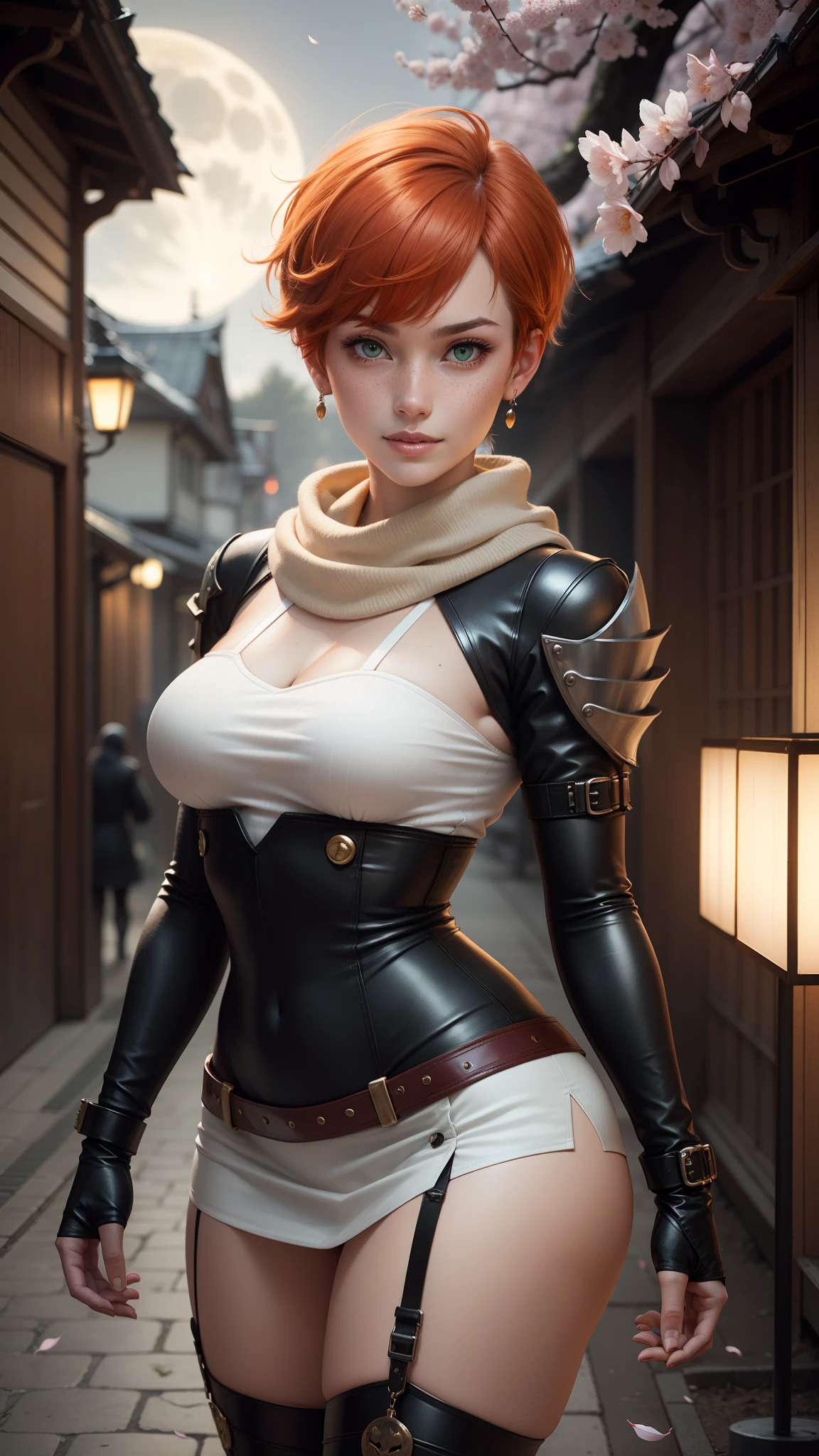 gwen tennyson,tracer,chun-li,anko mitarashi,atelier ryza,nier automata,1girl, close up,mecha pilot,tattoos,cherry blossom forest,orange tight skirt,steel long sleeve fishnet top,short hair,fishnet stockings,cute makeup,green eyes, red and gold hair,shy smile,freckles, redhead,beautiful girl,large breasts,ultra detailed,realistic,fantasy art,steel armor, open ninja jacket,japanese garden,lotus river,ninja scarf,hair pin,ninja tabi boots,