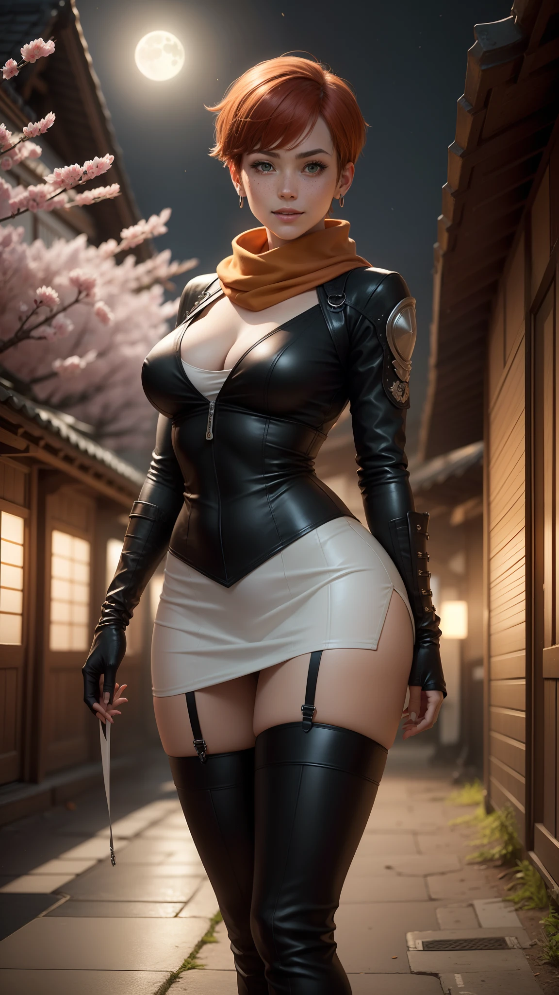gwen tennyson,tracer,yorha 2b,rebecca chambers,ninja outfit,japan,steel armor,,green eyes,garter belt, thigh high boots,short hair,orange hair,moonlight,cherry blossom,shy smile,white striped top, bodycon skirt,freckles,redhead,ninja corset, beautiful girl,large breasts,etailed,realistic,ninja scarf,silver earrings,holding a two kunais,