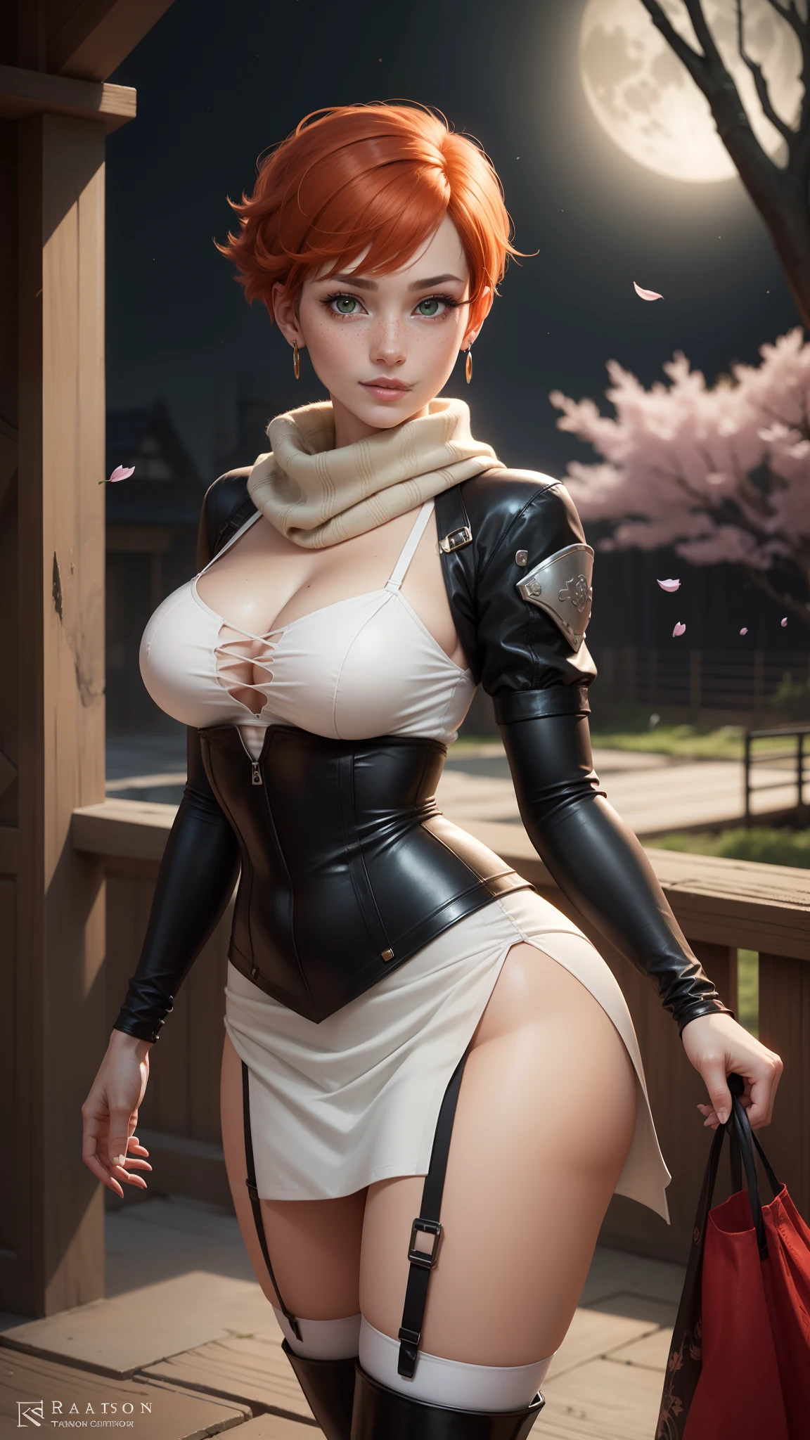 gwen tennyson,tracer,yorha 2b,rebecca chambers,ninja outfit,japan,steel armor,ager,green eyes,garter belt, thigh high boots,short hair,orange hair,moonlight,cherry blossom,shy smile,white striped top, bodycon skirt,freckles,redhead,ninja corset, beautiful girl,large breasts,ultra detailed,realistic,ninja scarf,silver earrings,holding a two kunais,