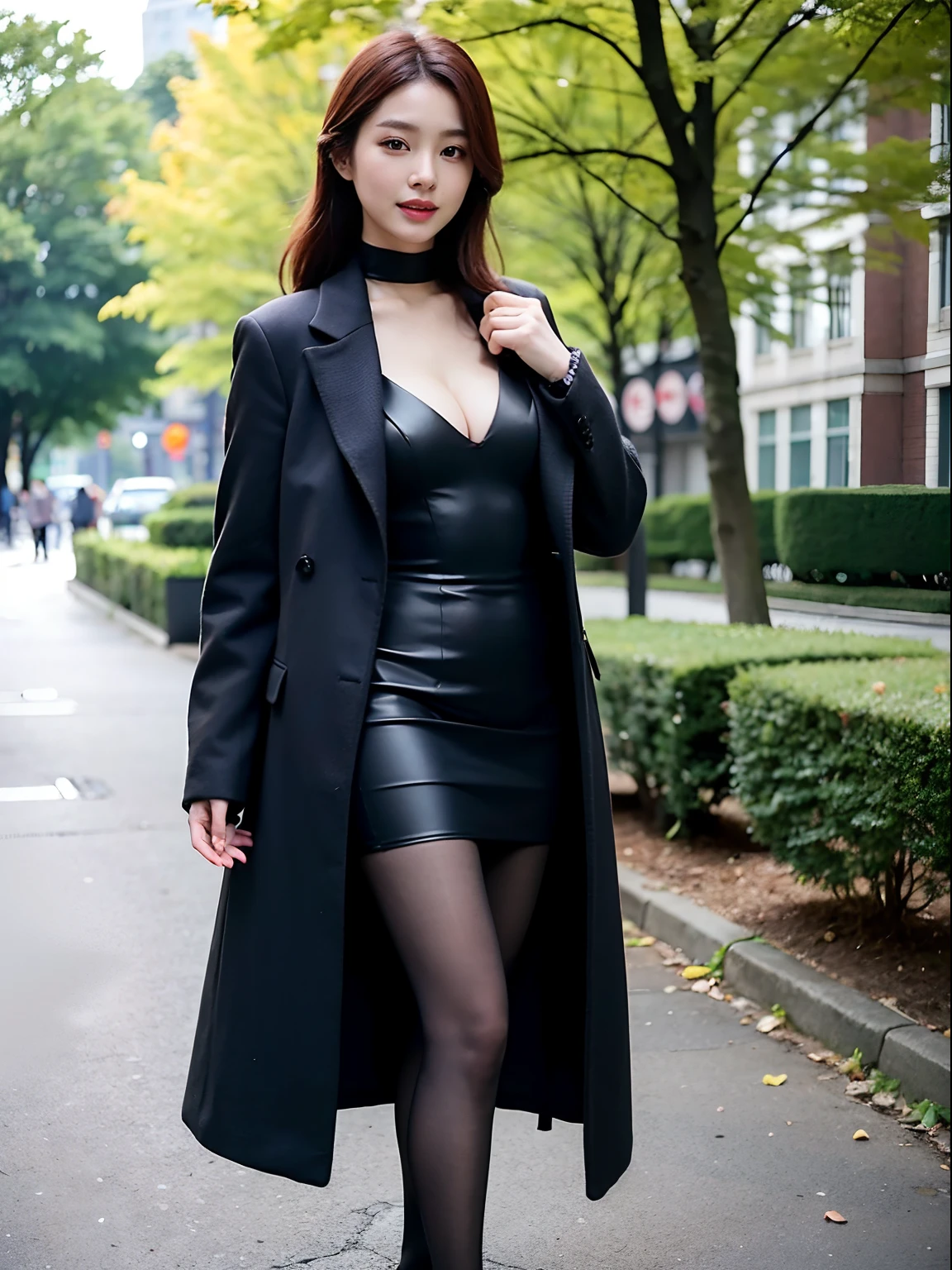 Bewitching madam in dress and coat walking in the park, Wearing ultra-realistic pantyhose、korean female fashion model, Tempting smile、game_nffsw, the Extremely Detailed CG Unity 8K Wallpapers、top-quality、ultra-detailliert、​masterpiece、realisitic、Photo Real、(Wear ultra-realistic pantyhose)、NSFW,  beautiful supermodel、Raw photo、(Photorealsitic:1.4)、realistic skin textures、Lustrous skin、Exposed thighs!!!
