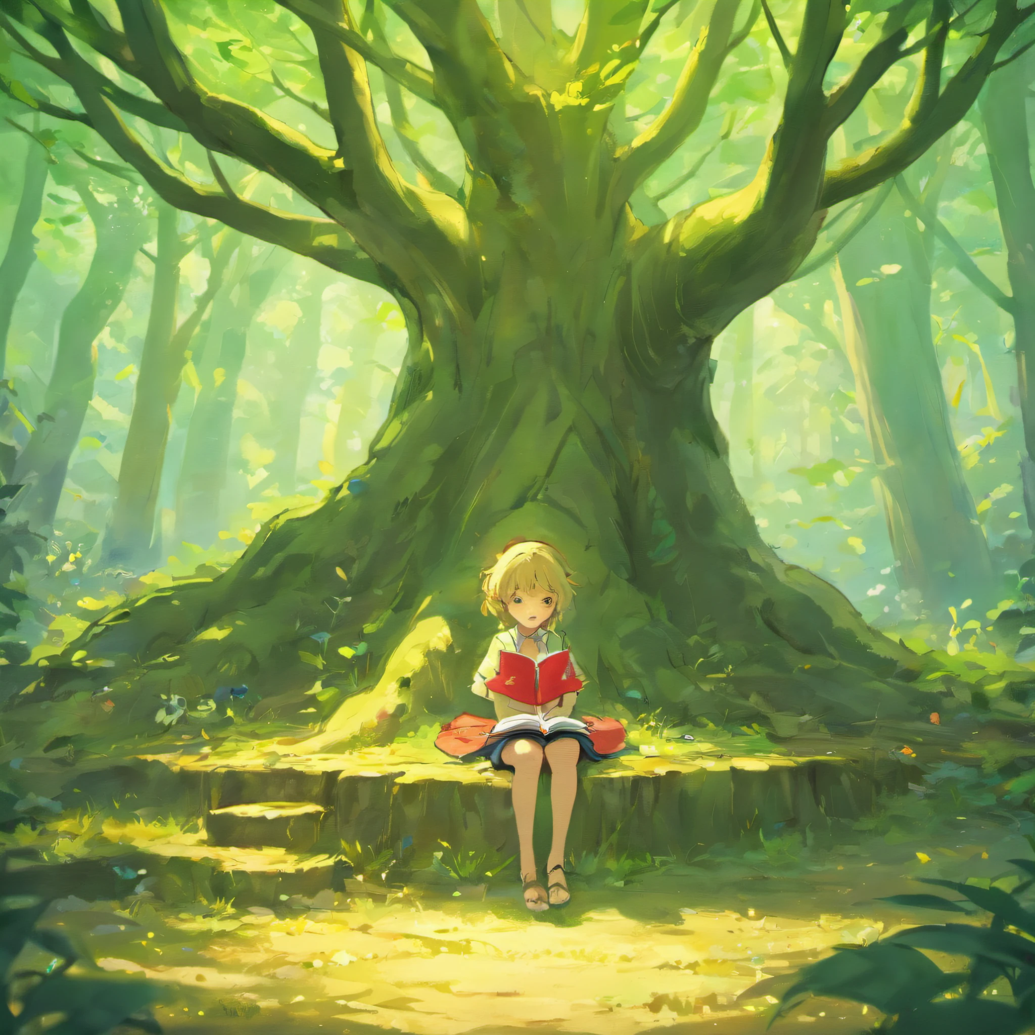 arvore pequena, tronco fino, folhas robustas, Child sits at the foot of the trunk reading a book, as folhas da arvore robustas, frutos da arvore em formato de moeda dourada.