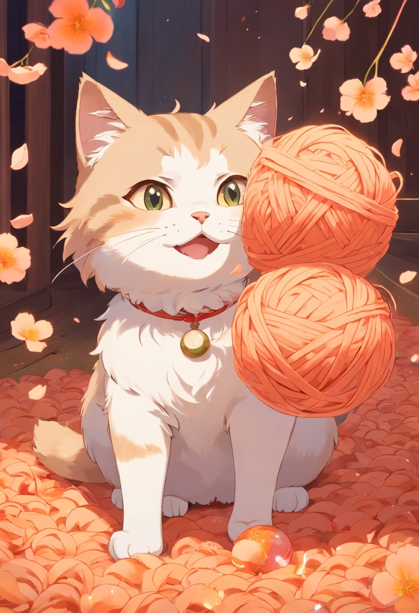 masterpiece, best quality, cat and ball of yarn, cat playing with ball of yarn, details, warm colors, falling peach petals around, cat anime, cute