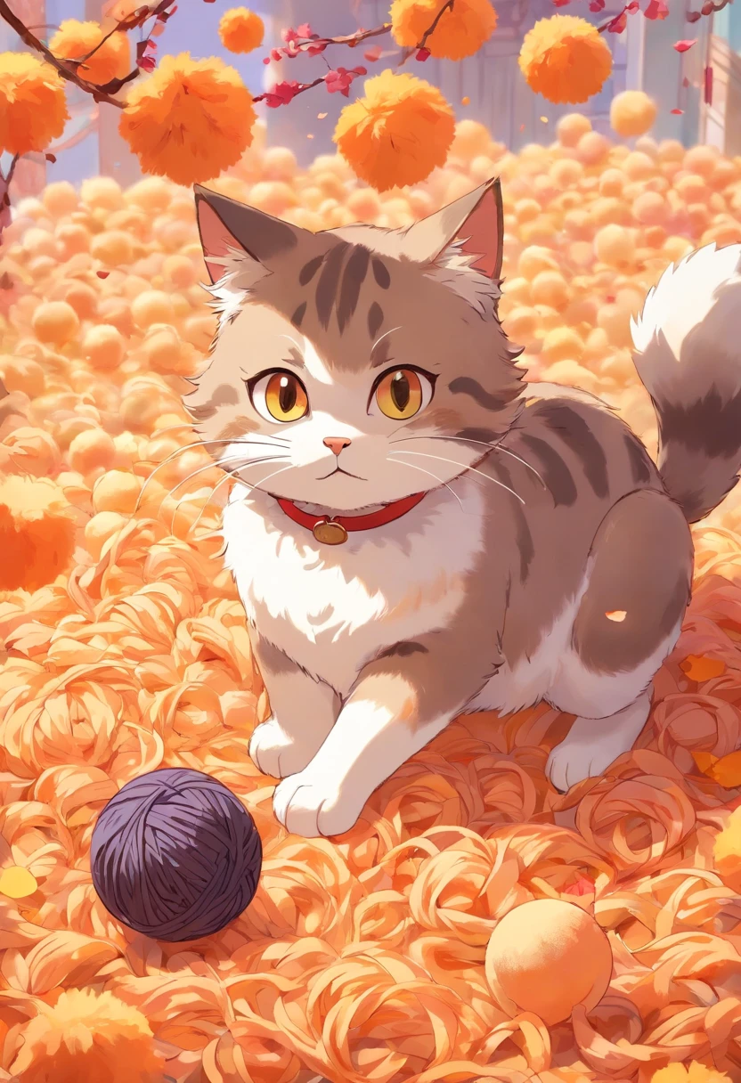 masterpiece, best quality, cat and ball of yarn, cat playing with ball of yarn, details, warm colors, falling peach petals around, cat anime, cute