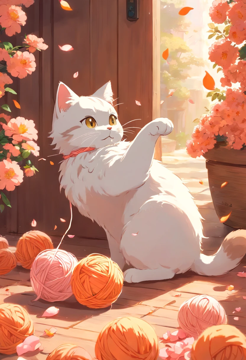 masterpiece, best quality, cat and ball of yarn, cat playing with ball of yarn, details, warm colors, falling peach petals around, cat anime, cute