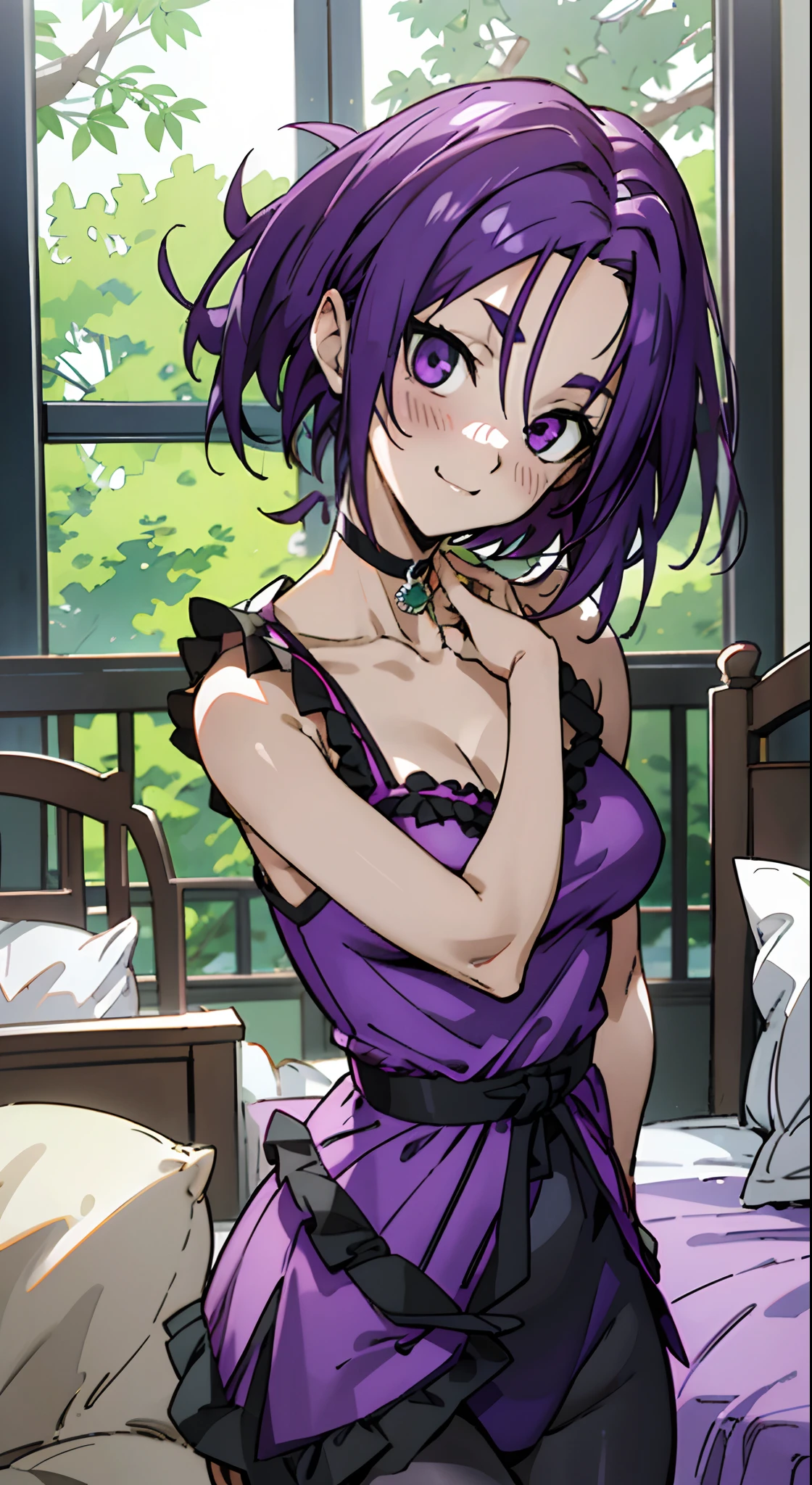 masutepiece, Best Quality, Ultra-detailed, Colorful,Up-close, Hyper-detailing,purple color hair, shoulder length hair, Reo Mikage, Blue Lock, no sleeves, Camisole, Blue Camisole, Cheongsam, chinese clothes, pannier underdress, Frill panniers, Chest exposure, Underwear, Ruffled underwear, Metamorphosis is exposed, Choker, Black Choker, arm warmer, Sexy breasts, Scar, Big breasts, red blush, 1girl in, Solo, Sharp face, Heterochromia, Green eyes, Purple eyes, Bare neck, Happy face, Bedroom, bed, Bare legged, leggins, Black Leggings, PILLOWS, Blue pillow