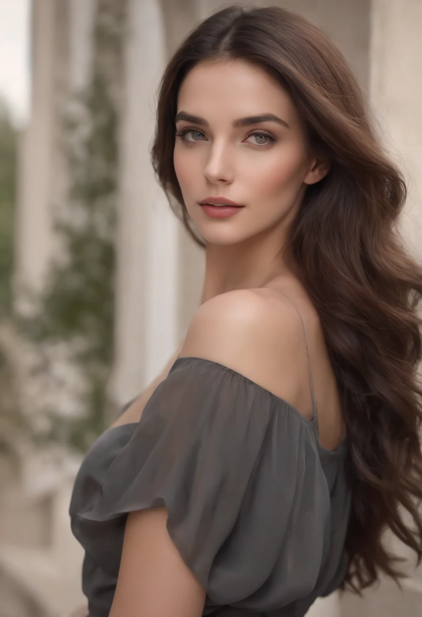 Hyper realistic photo, Full body walking, (of a beautiful woman), Beautiful and detailed fascinations, Regard captivant avec ses beaux yeux gris, anatomie parfaite, Poser devant un appareil photo reflex, with natural and bright light, reflects light and shines in her beautiful, soft, slightly wavy black hair, fashionable dressed in fashionable black top and pants, Un top model, avec une grande confiance en soi, 8K UHD, A masterpiece, Rendu 3D, grosse poitrine