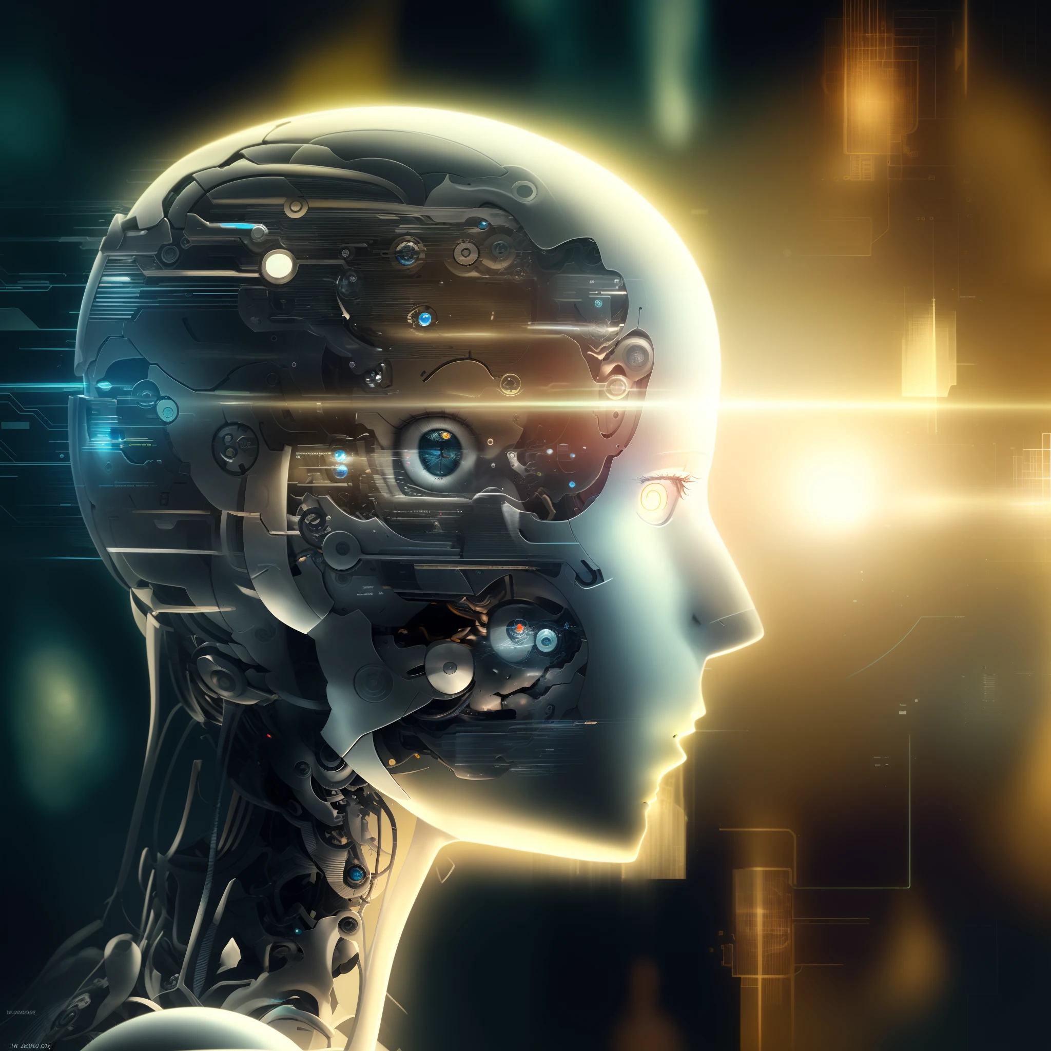 Un primer plano de la cabeza de una persona con un circuito en el fondo, AI's Next Singularity, Inteligencia artificial fuerte, inteligencia artificial!!, inteligencia artificial, conciencia artificial, intrincado transhumano, Dios de la inteligencia artificial, Artificial Intelligence Machine, IA produciendo lo realista, Circuitos visibles en la cabeza, Retrato de una IA, Inteligencia artificial malvada, endless collaboration with ai, Dioses de la inteligencia artificial