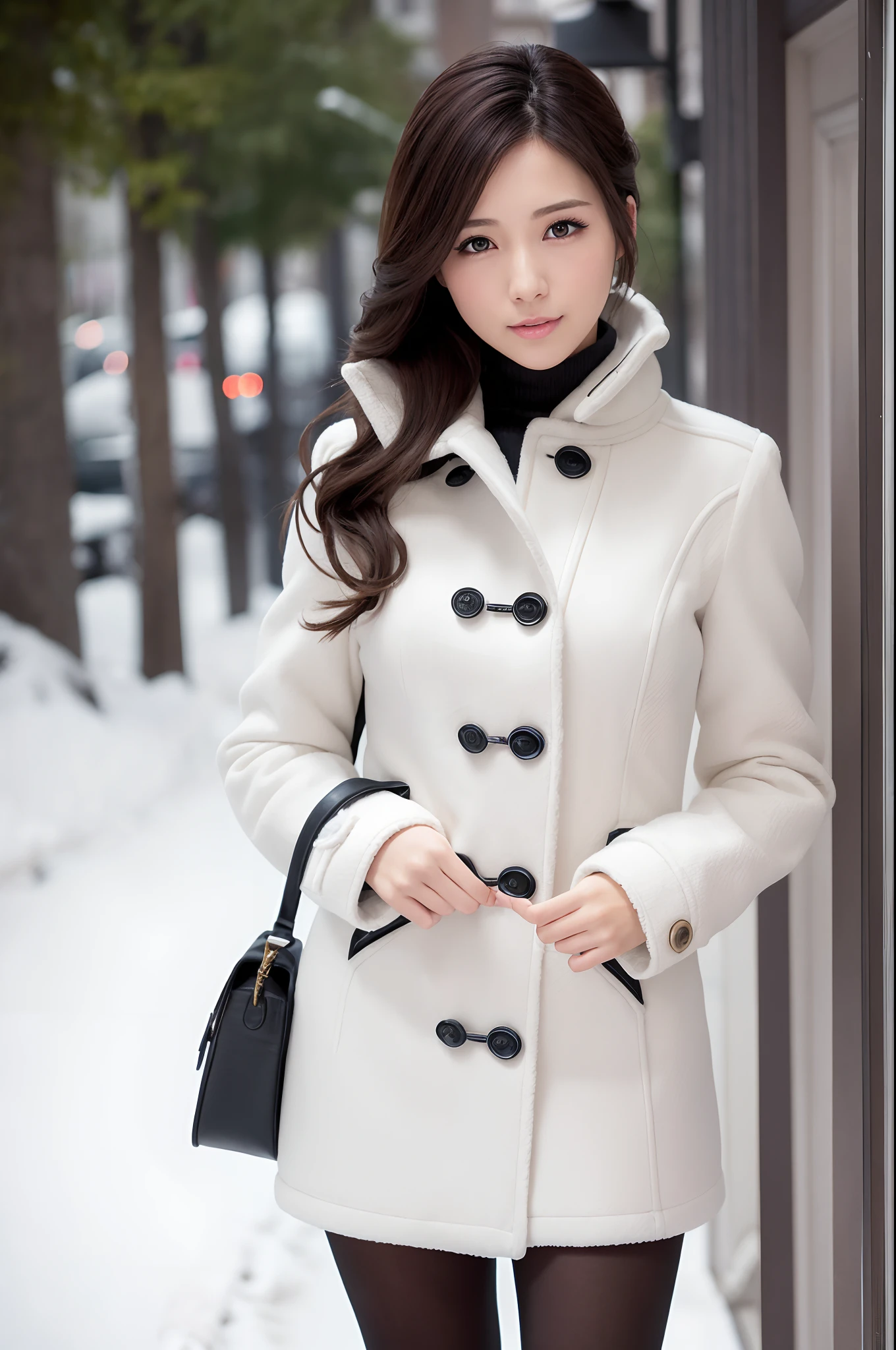 Winters,Snowy landscape,lacepantyhose,((Duffel coat))、depth of fields,Real Light,Ray traching,OC Renderer,UE5 Renderer,Hyper-realistic,best qualtiy,8K,Works of masters,super-fine,Correct anatomy、(Best Quality, 4K, masutepiece: 1.3), Beautuful Women、Hyper-realistic, 1girl in,hyperdetailed face,Detailed eyes,二重まぶた, (Beautiful detailed lips),Sexy face,Women of Alafe,25-years old、