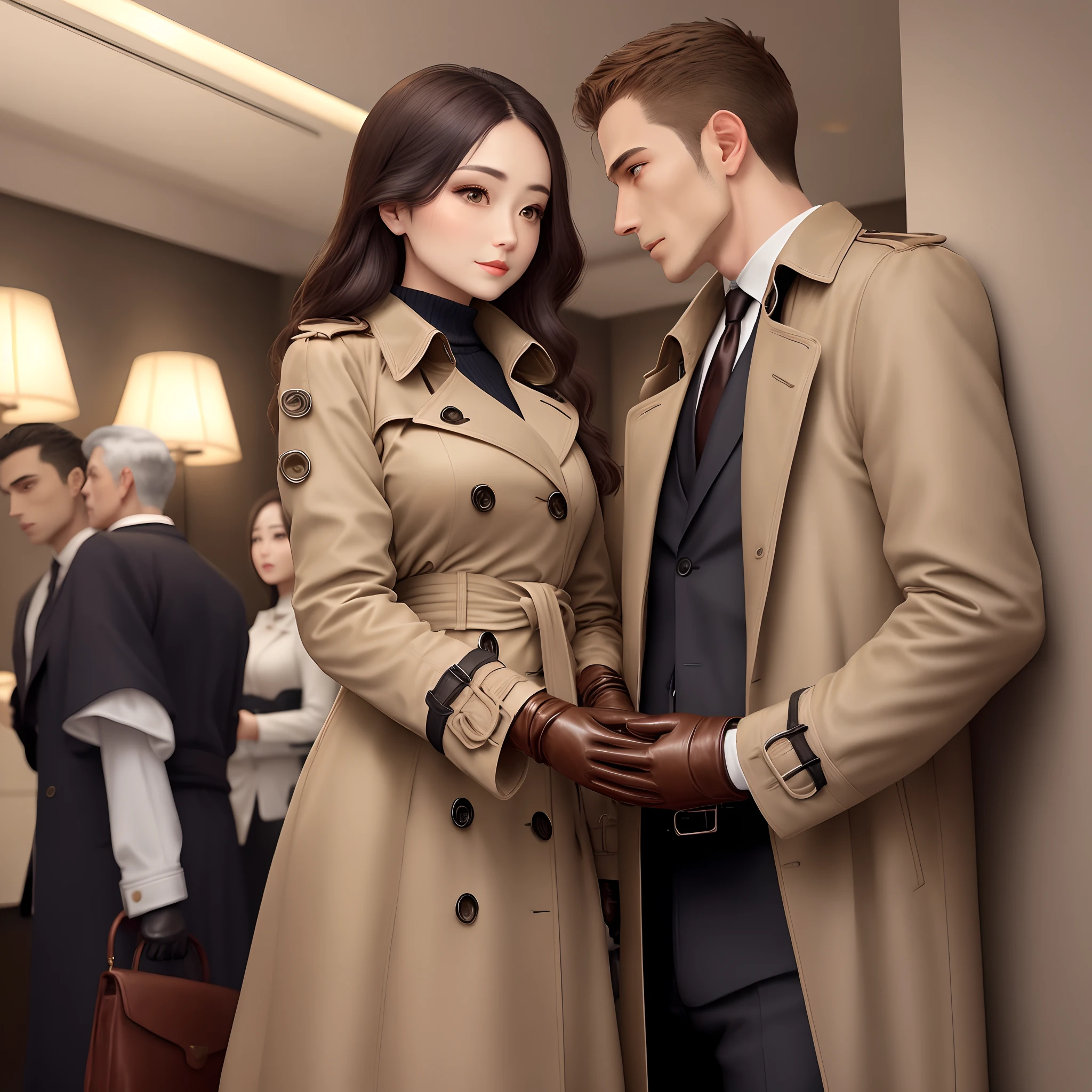 A woman wearing a beige trench coat and leather gloves touches a man's ,flont close trench coat,brown leather gloves,beauty,japanese,stare,Woman staring at man's dangling ,A woman wears leather gloves and touches her partner's ,beautiful secretary,in the hotel