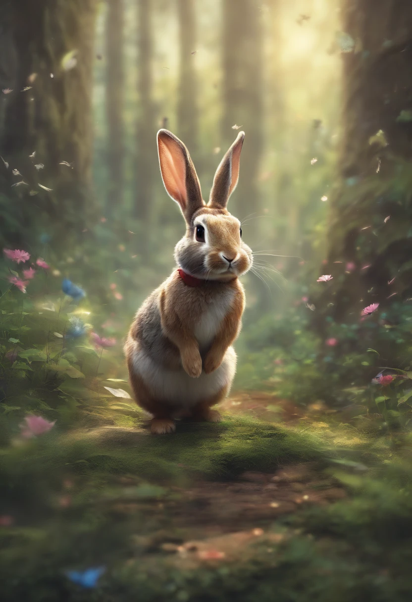 A rabbit, walking in the forest, many birds, many animals, happy, happy, perfect quality, clear focus (clutter - house: 0.8), (masterpiece: 1.2) (Realistic: 1.2) (Bokeh) (Best quality) ( Detailed Skin: 1.3) (Intricate Detail) (8K) (Detail Eyes) (Crisp Focus), (Happy)
