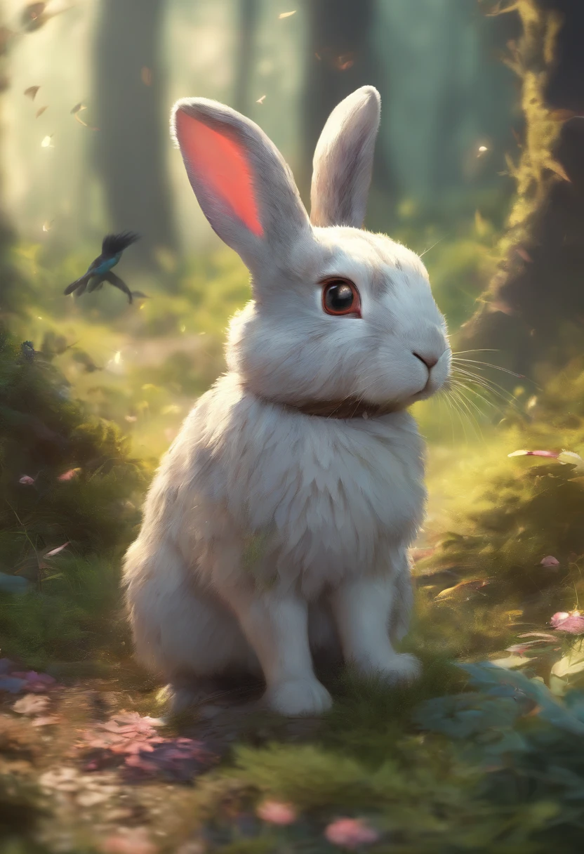 A rabbit, walking in the forest, many birds, many animals, happy, happy, perfect quality, clear focus (clutter - house: 0.8), (masterpiece: 1.2) (Realistic: 1.2) (Bokeh) (Best quality) ( Detailed Skin: 1.3) (Intricate Detail) (8K) (Detail Eyes) (Crisp Focus), (Happy)