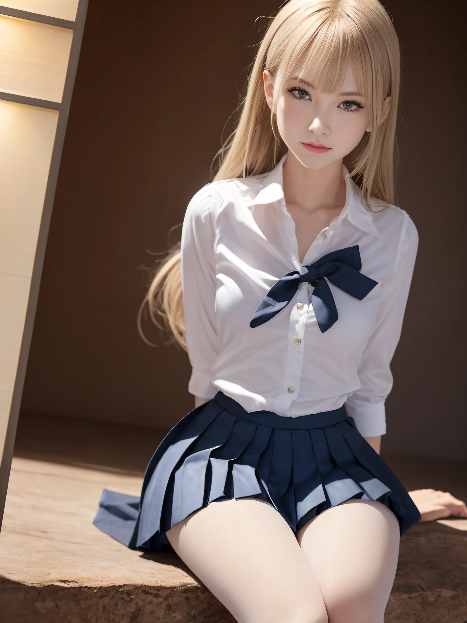 Ultra realistic 8K CG, Picture-perfect face, flawless, clean, masutepiece, Professional artwork, famousartwork, Perfect face, Beautiful face, Beautiful eyes, ((Perfect female body)), (Slender body),  girl, Solo, (Immersive atmosphere, Chiaroscuro:1.5, Bright light:1.2, Luminous lighting), (blush:0.5), fascinated expression, Extremely detailed_Eyes, Small breasts, beautifullydetailedbackground, depth of fields, Realistic:1.3, longshot, 1girl in, Shirt, Pleated skirt, Japan school uniform, Sitting, Full body, (ambient lights:1.3), (Cinematic composition:1.3), (Neon light:0.1), (nffsw:0.1), Accent Lighting, White pantyhose,Neat and clean lady，