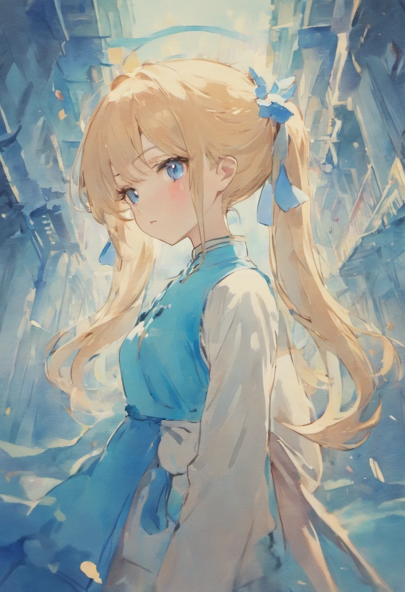 Watercolor painting for girls by GHY, charming anime characters, Light silver and sky blue style, Chinese brushstrokes, Traditional oil painting techniques, Digital illustration, The girl wears a double ponytail, Rich background --Niji 5 --ar 4:7 – Relax