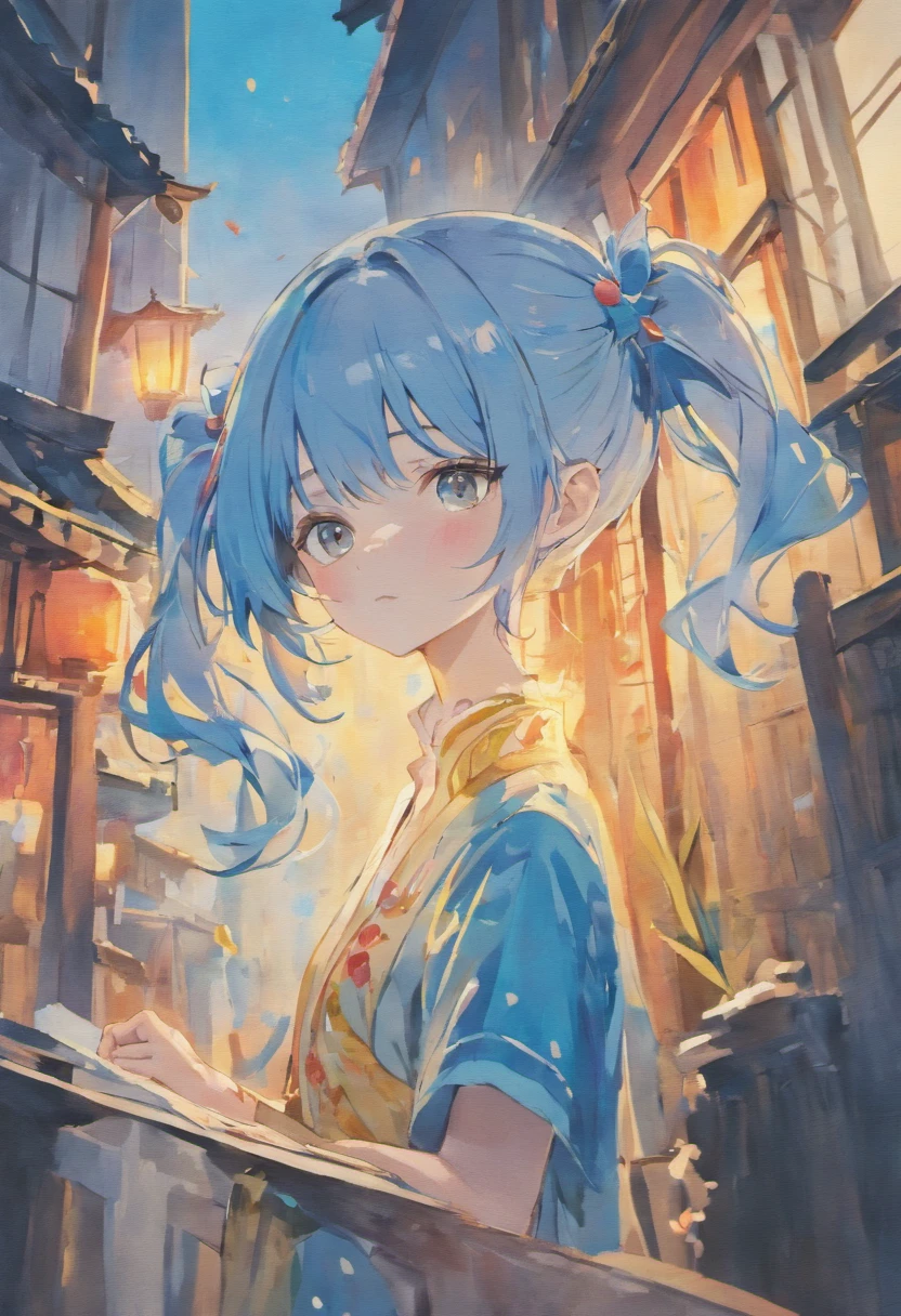 Watercolor painting for girls by GHY, charming anime characters, Light silver and sky blue style, Chinese brushstrokes, Traditional oil painting techniques, Digital illustration, The girl wears a double ponytail, Rich background --Niji 5 --ar 4:7 – Relax